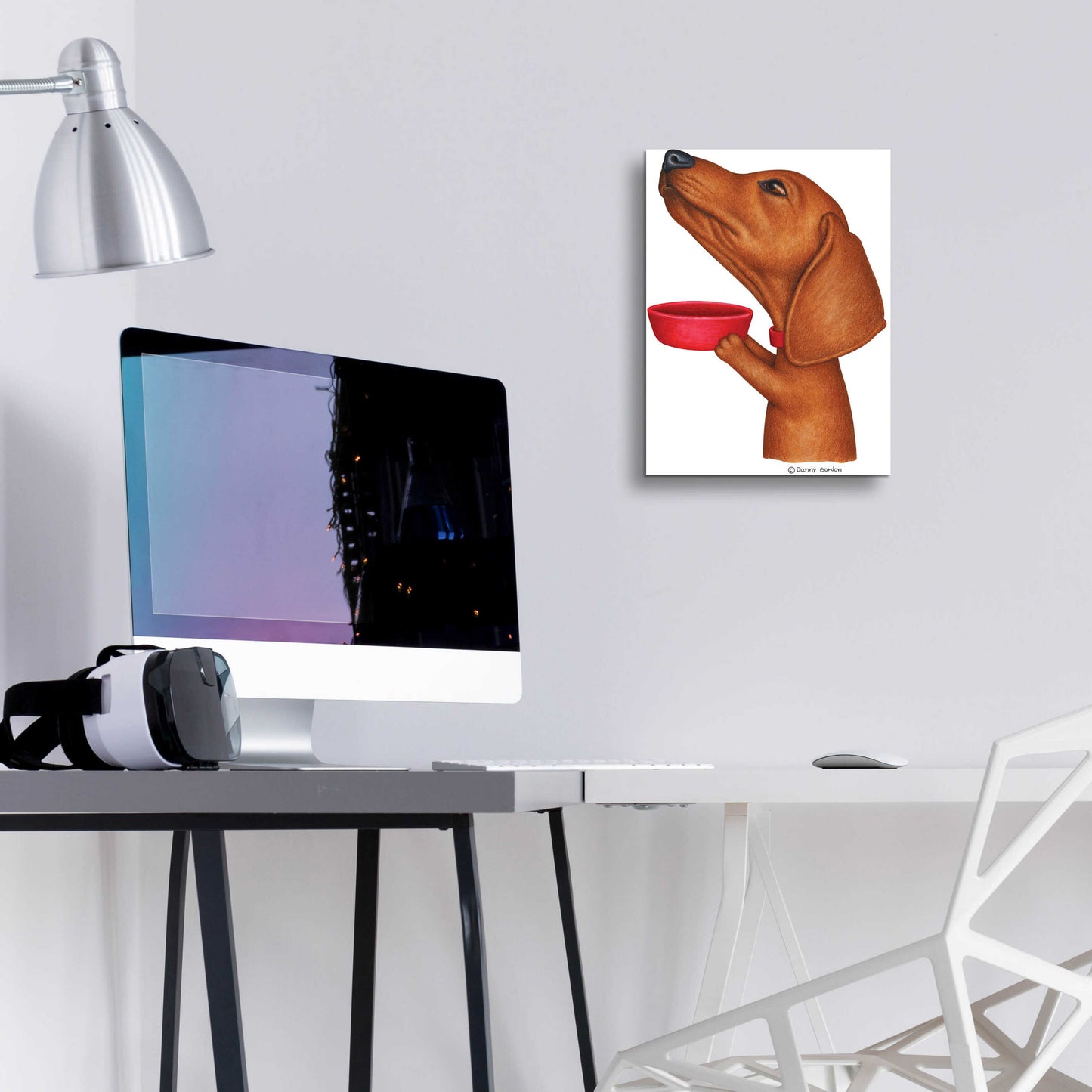 Epic Art 'Brown Dachshund Holding Red Bowl' by Danny Gordon Art, Acrylic Glass Wall Art,12x16