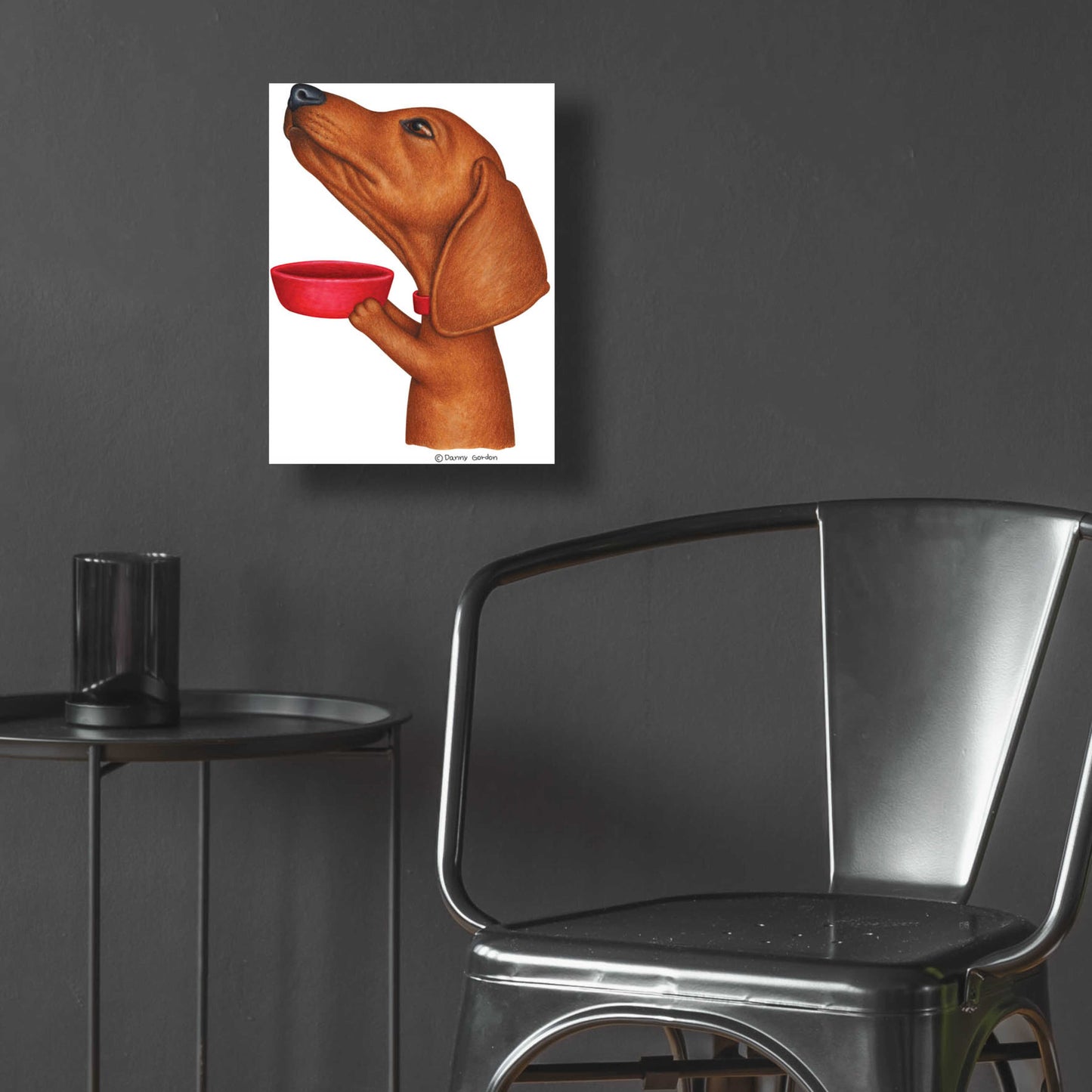 Epic Art 'Brown Dachshund Holding Red Bowl' by Danny Gordon Art, Acrylic Glass Wall Art,12x16