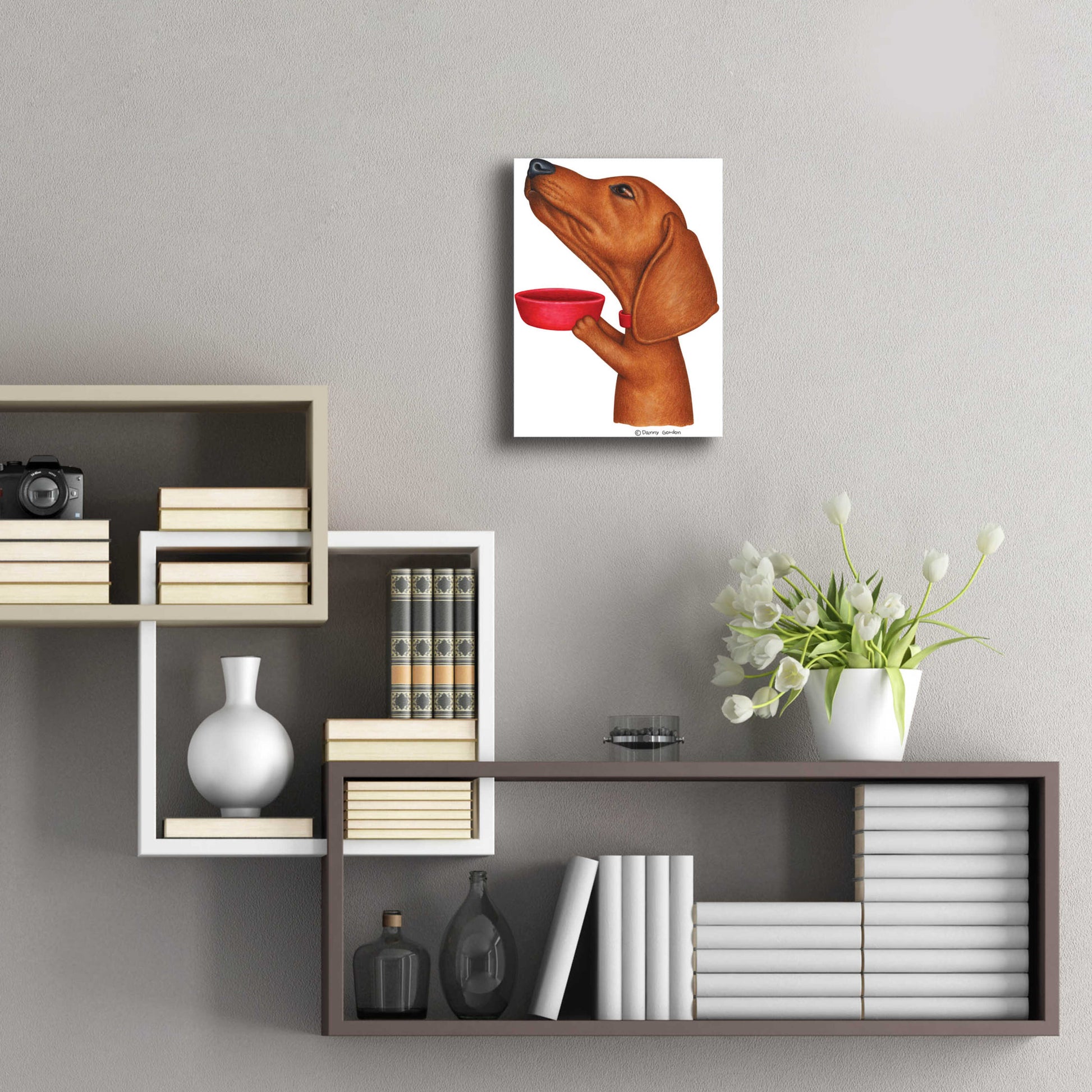 Epic Art 'Brown Dachshund Holding Red Bowl' by Danny Gordon Art, Acrylic Glass Wall Art,12x16