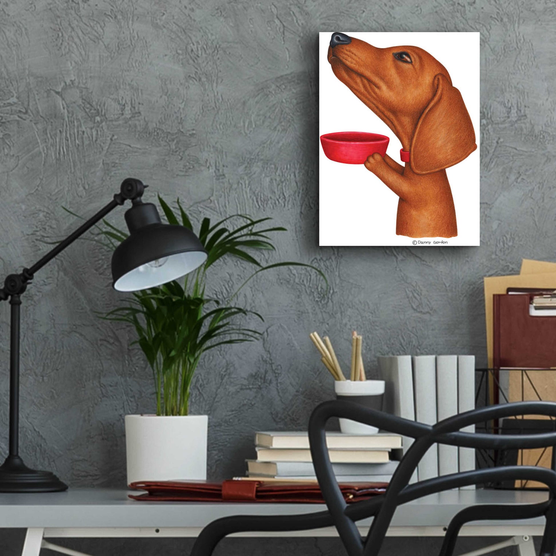 Epic Art 'Brown Dachshund Holding Red Bowl' by Danny Gordon Art, Acrylic Glass Wall Art,12x16