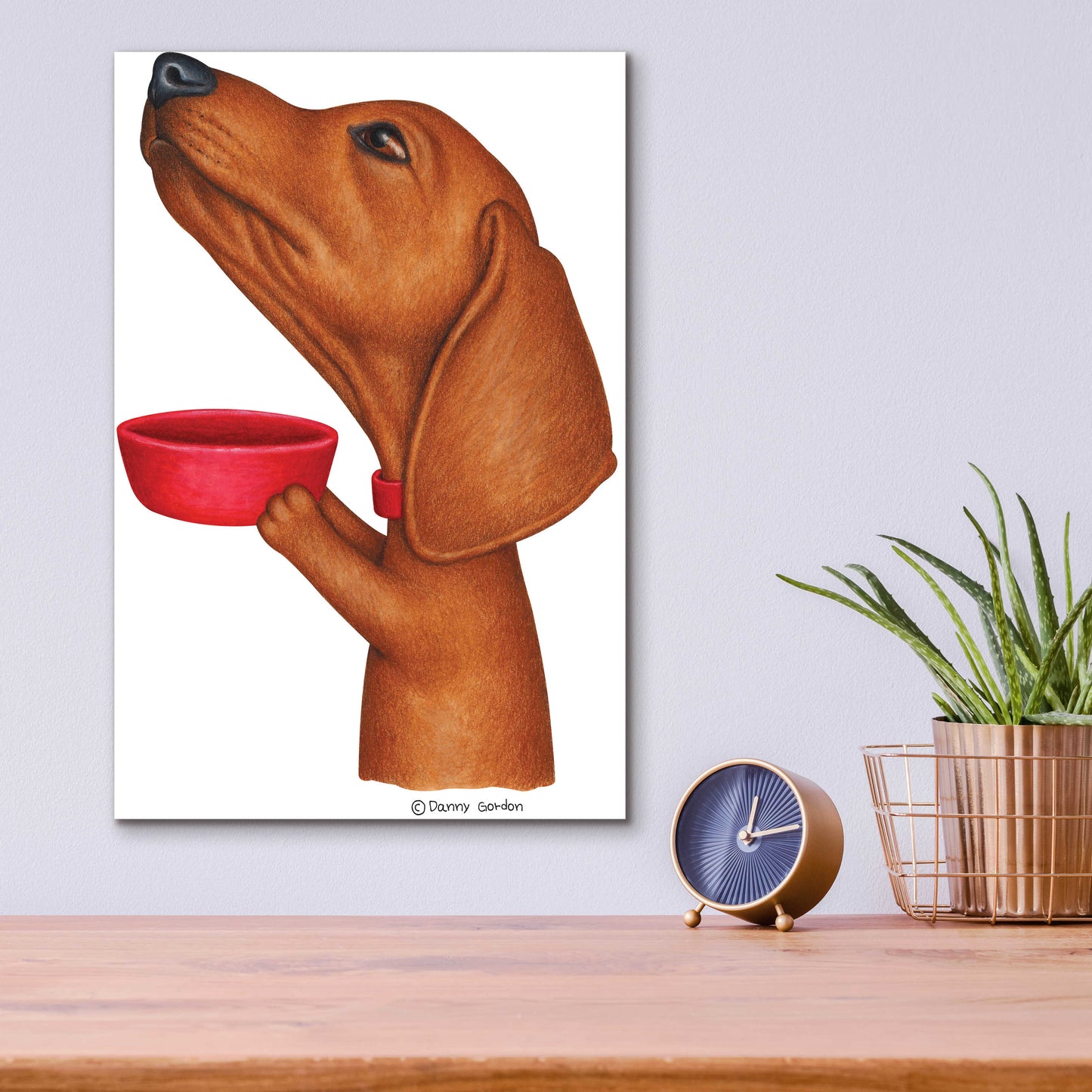 Epic Art 'Brown Dachshund Holding Red Bowl' by Danny Gordon Art, Acrylic Glass Wall Art,12x16