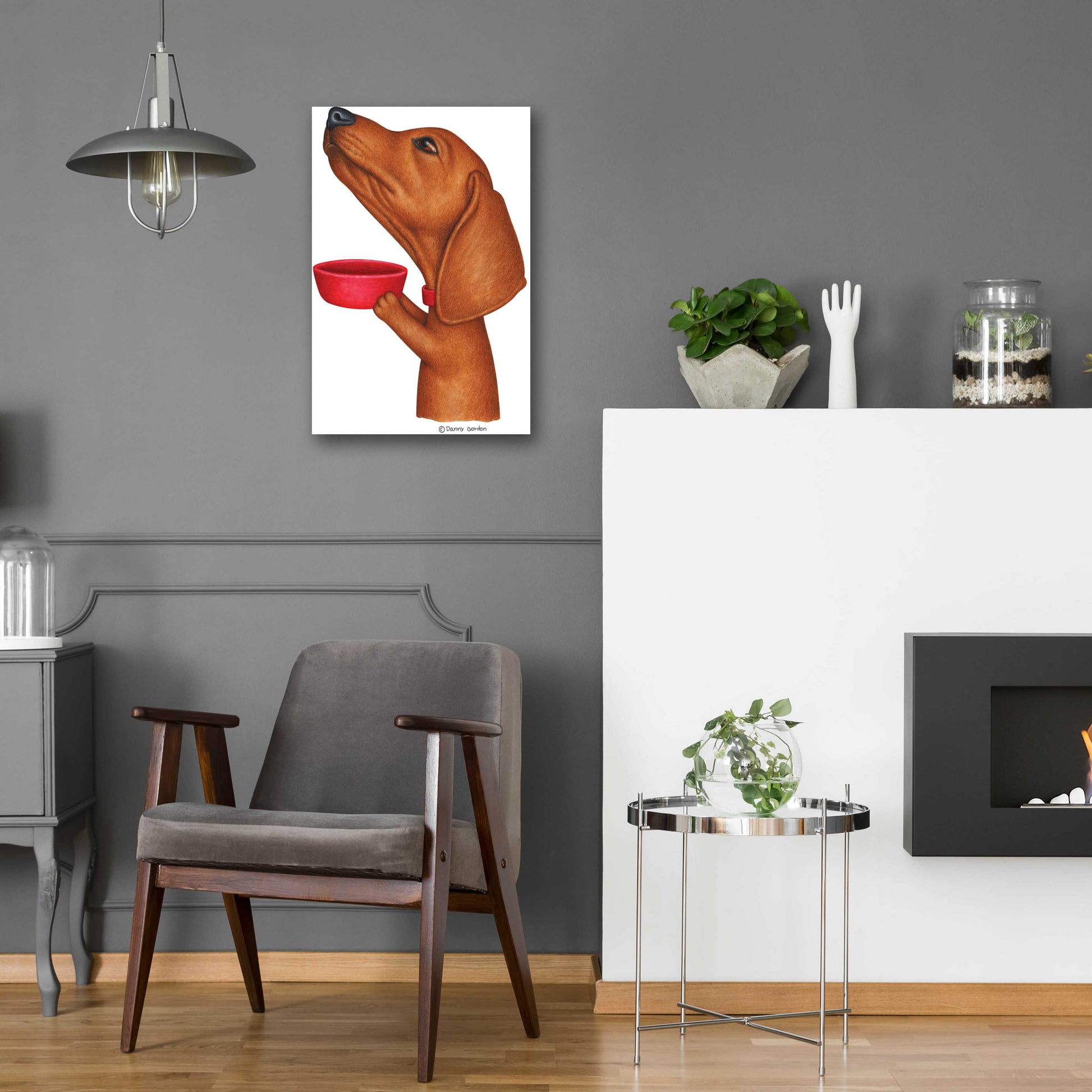 Epic Art 'Brown Dachshund Holding Red Bowl' by Danny Gordon Art, Acrylic Glass Wall Art,16x24