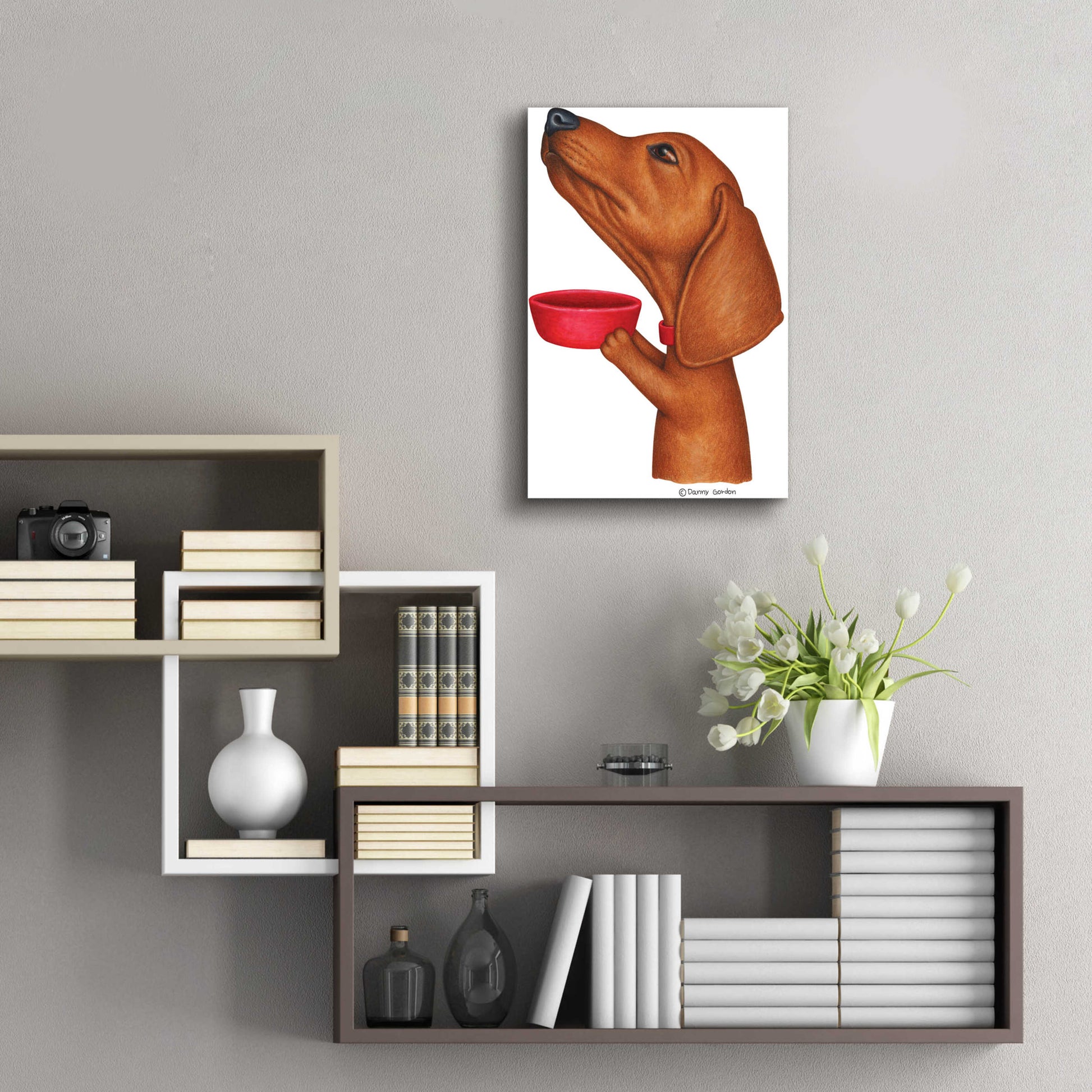 Epic Art 'Brown Dachshund Holding Red Bowl' by Danny Gordon Art, Acrylic Glass Wall Art,16x24