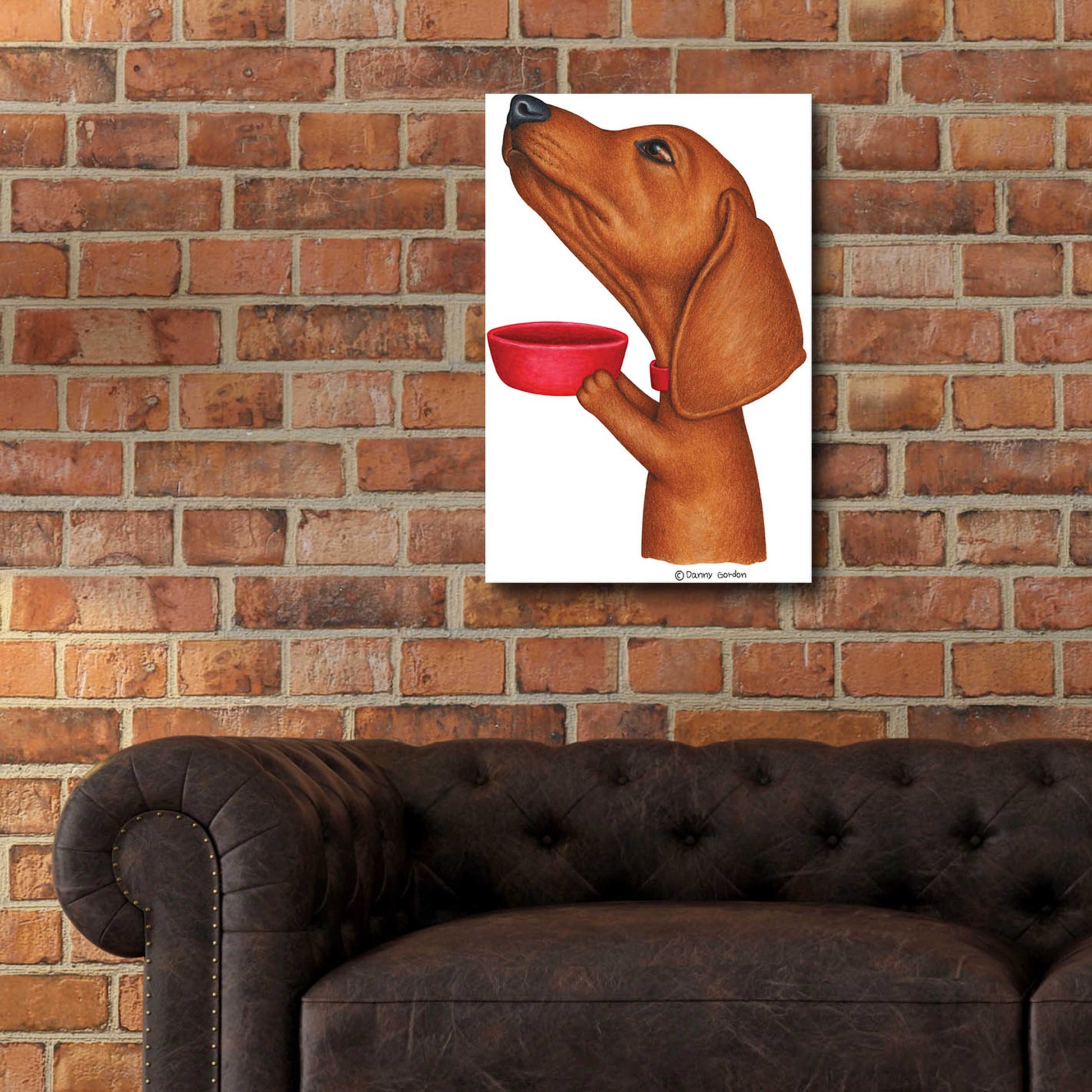 Epic Art 'Brown Dachshund Holding Red Bowl' by Danny Gordon Art, Acrylic Glass Wall Art,16x24