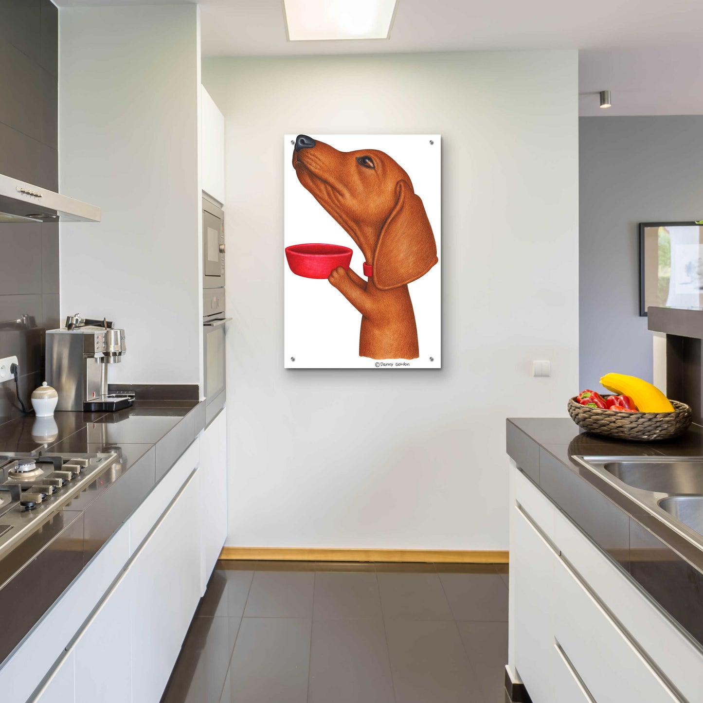 Epic Art 'Brown Dachshund Holding Red Bowl' by Danny Gordon Art, Acrylic Glass Wall Art,24x36