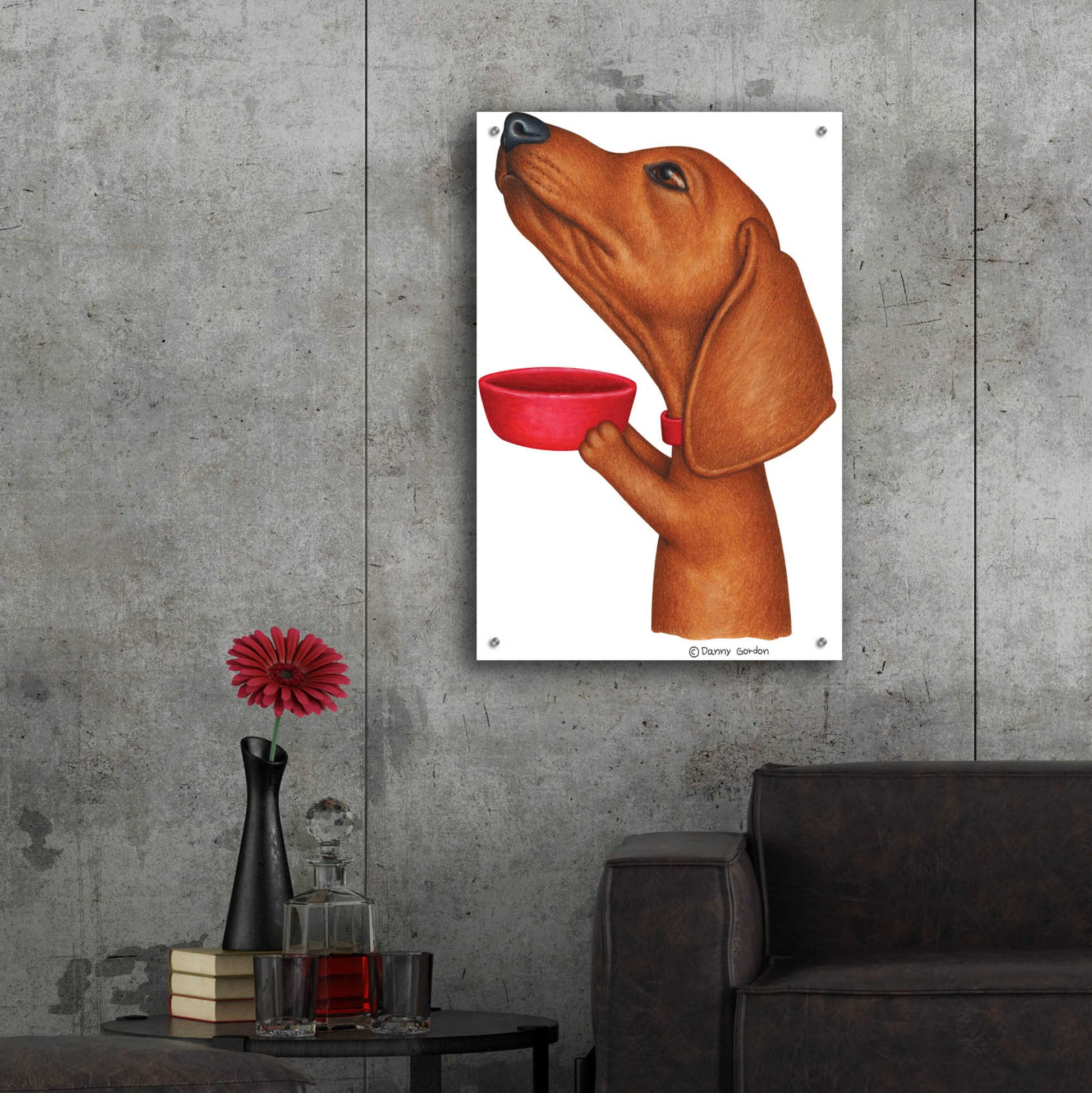 Epic Art 'Brown Dachshund Holding Red Bowl' by Danny Gordon Art, Acrylic Glass Wall Art,24x36