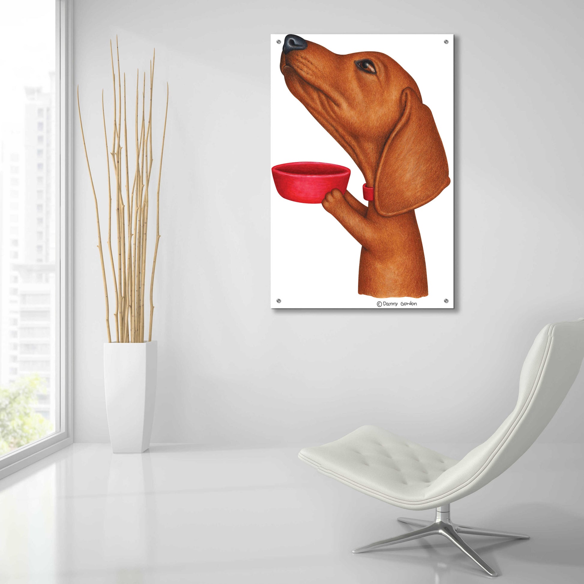 Epic Art 'Brown Dachshund Holding Red Bowl' by Danny Gordon Art, Acrylic Glass Wall Art,24x36