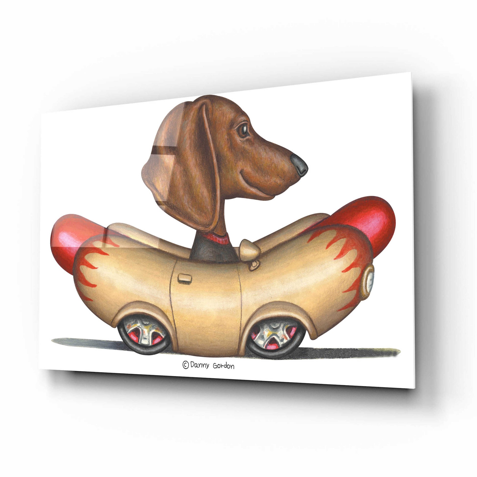 Epic Art 'Brown Dachshund Hotdog Car' by Danny Gordon Art, Acrylic Glass Wall Art,16x12