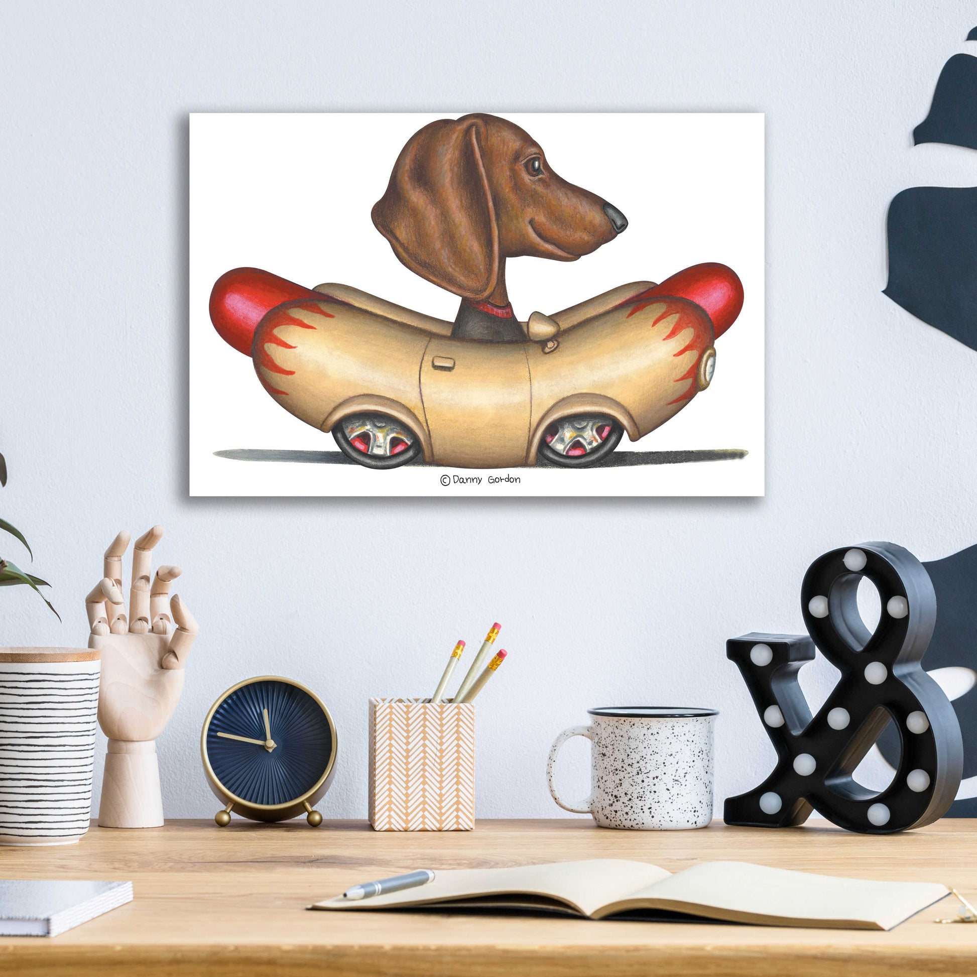 Epic Art 'Brown Dachshund Hotdog Car' by Danny Gordon Art, Acrylic Glass Wall Art,16x12