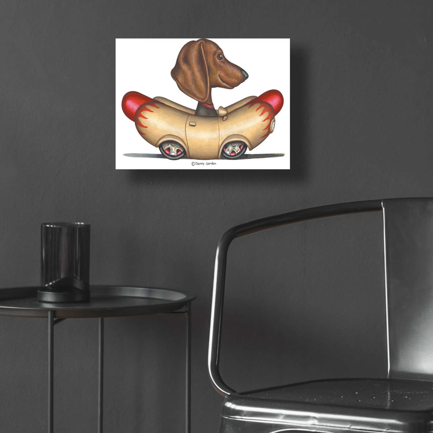 Epic Art 'Brown Dachshund Hotdog Car' by Danny Gordon Art, Acrylic Glass Wall Art,16x12