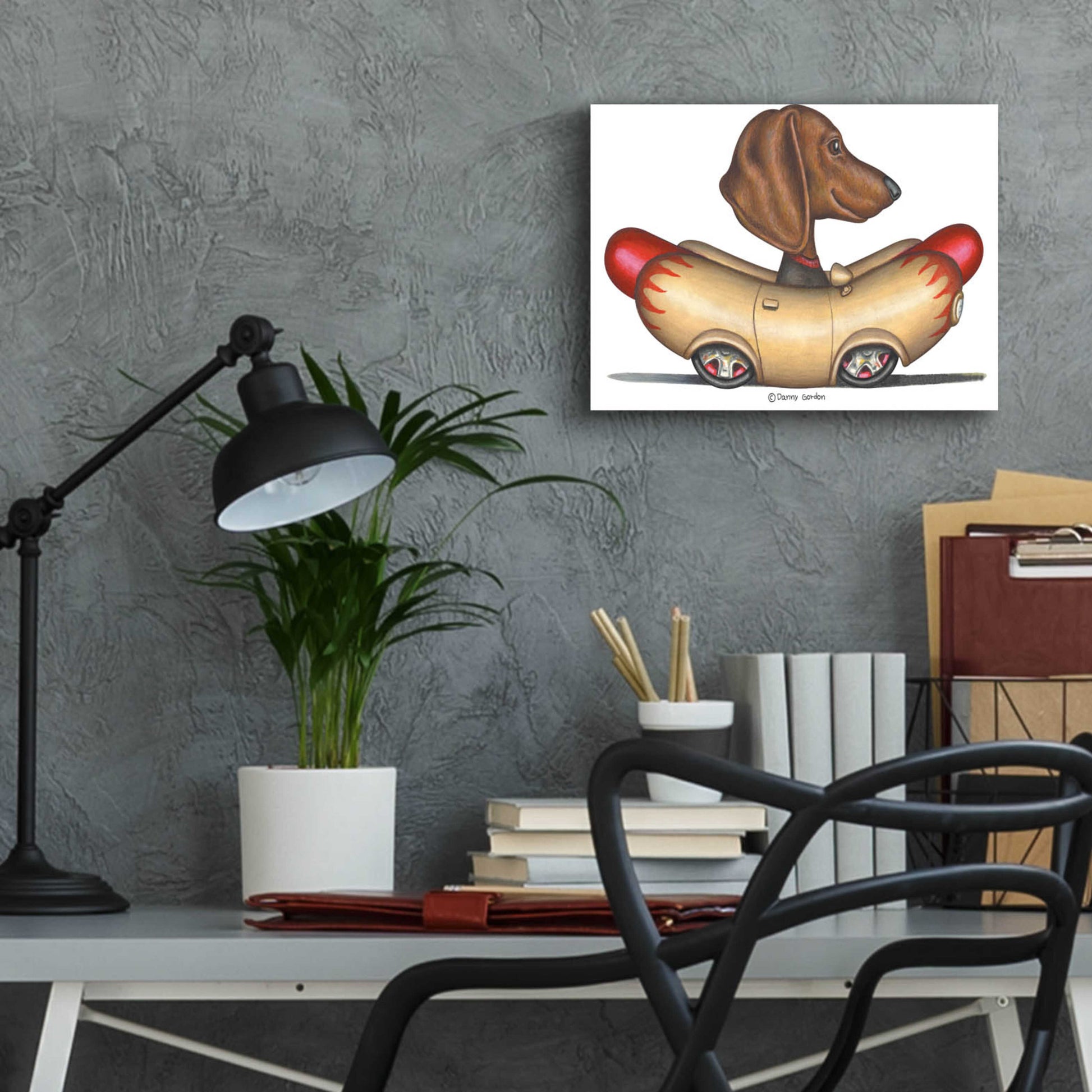 Epic Art 'Brown Dachshund Hotdog Car' by Danny Gordon Art, Acrylic Glass Wall Art,16x12