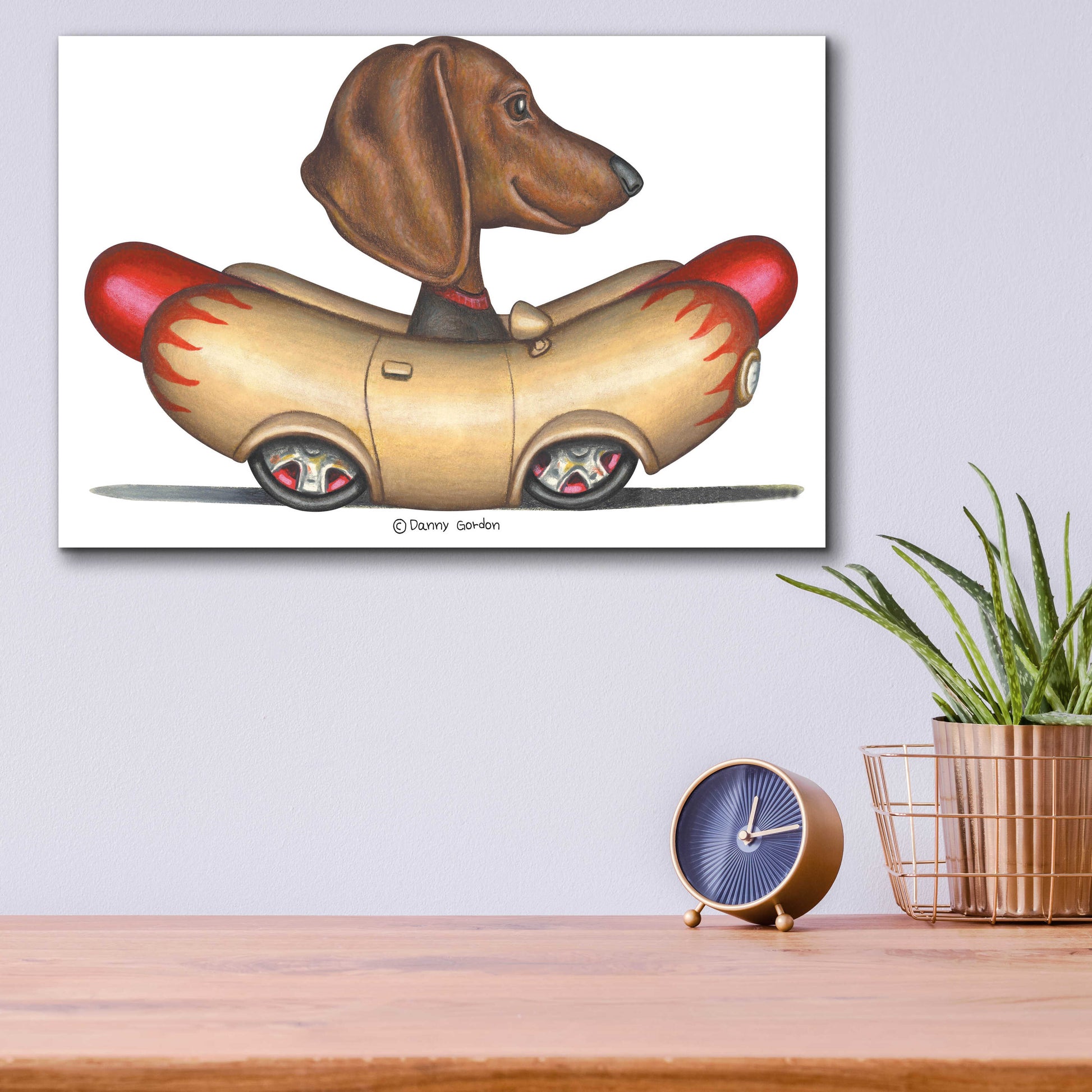 Epic Art 'Brown Dachshund Hotdog Car' by Danny Gordon Art, Acrylic Glass Wall Art,16x12