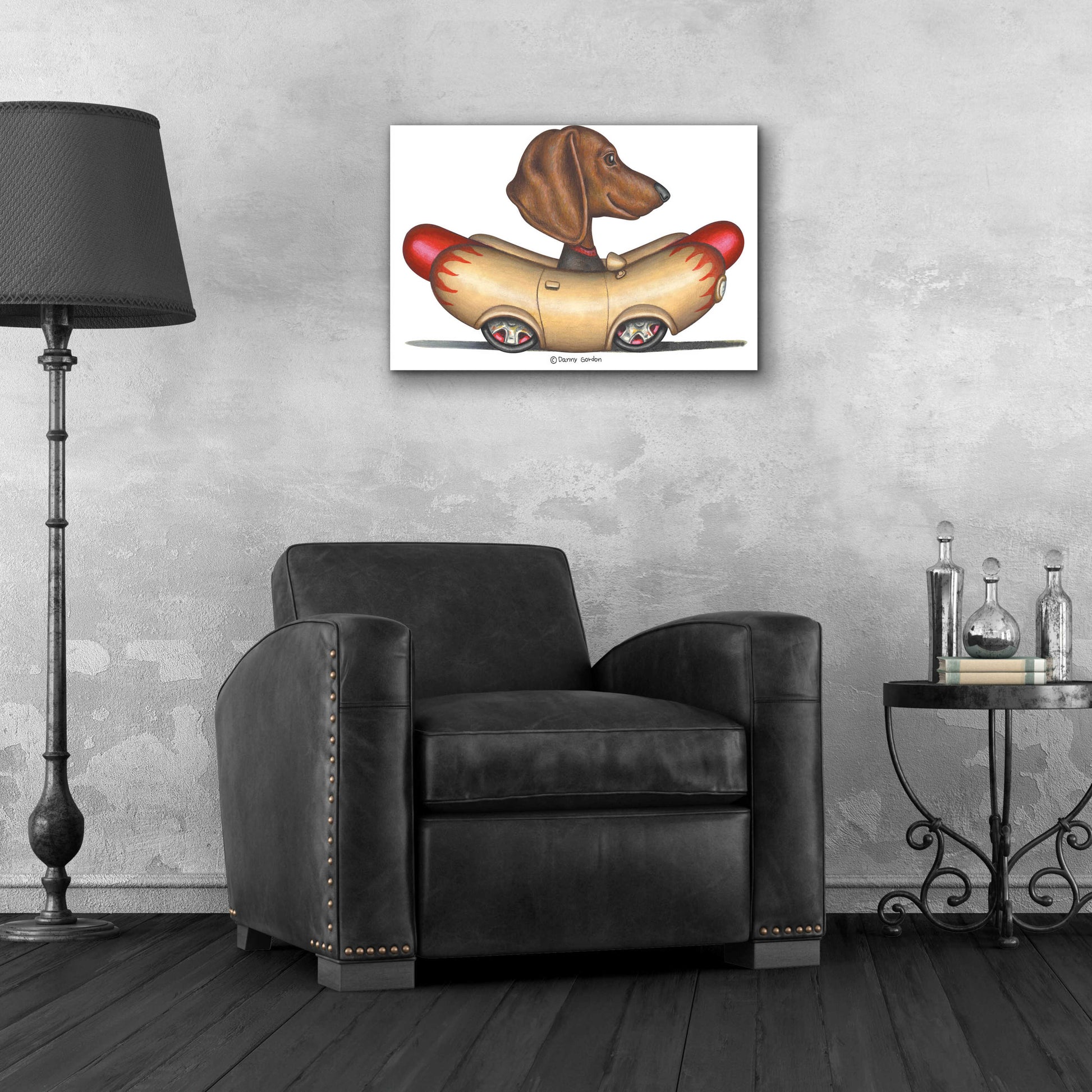 Epic Art 'Brown Dachshund Hotdog Car' by Danny Gordon Art, Acrylic Glass Wall Art,24x16