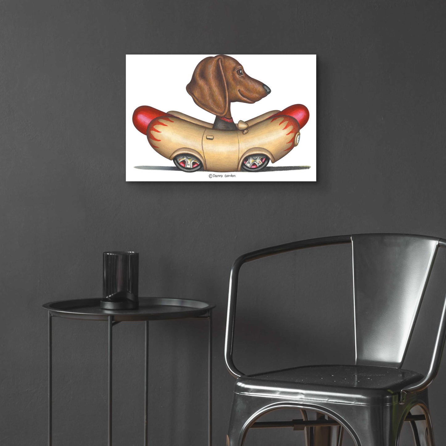 Epic Art 'Brown Dachshund Hotdog Car' by Danny Gordon Art, Acrylic Glass Wall Art,24x16