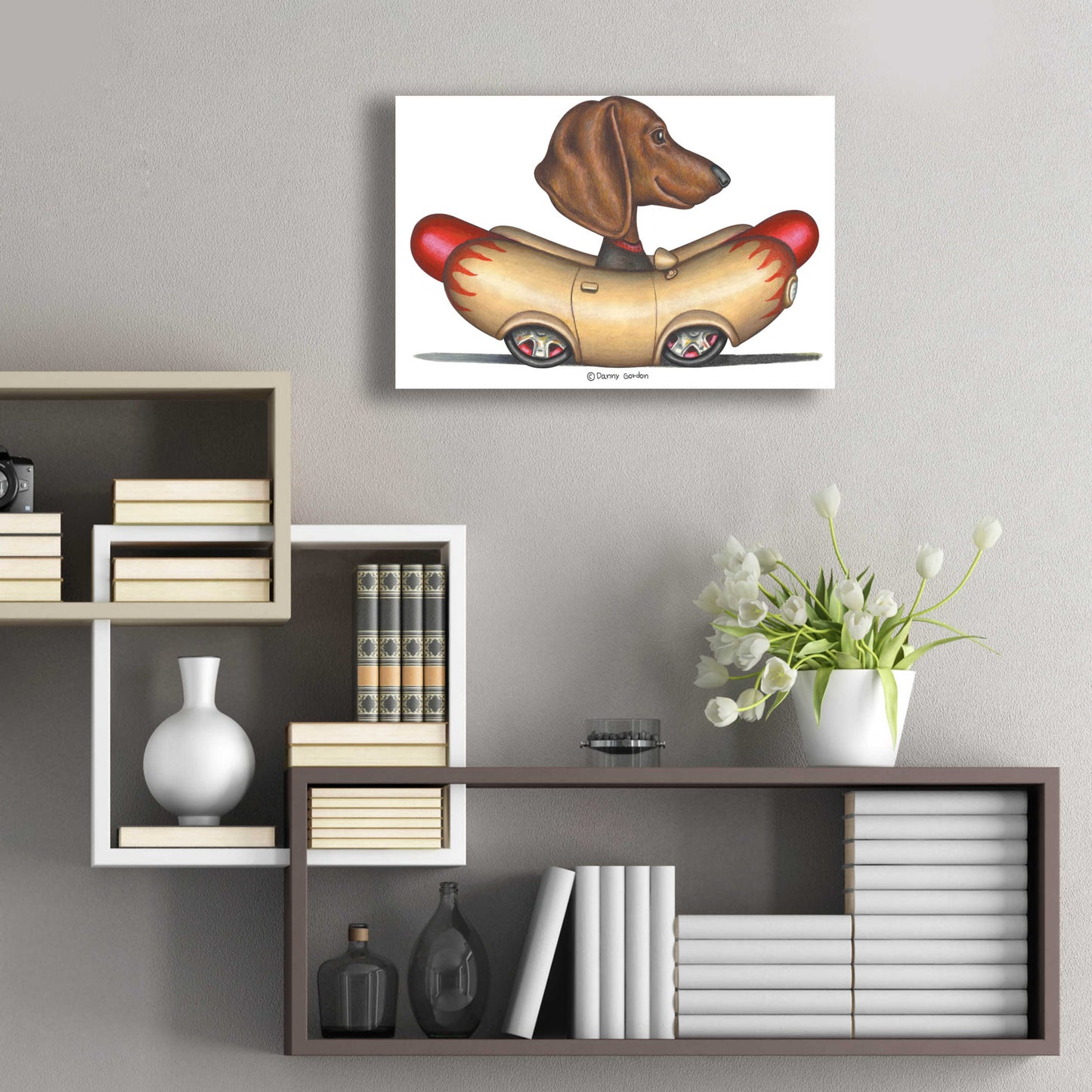 Epic Art 'Brown Dachshund Hotdog Car' by Danny Gordon Art, Acrylic Glass Wall Art,24x16