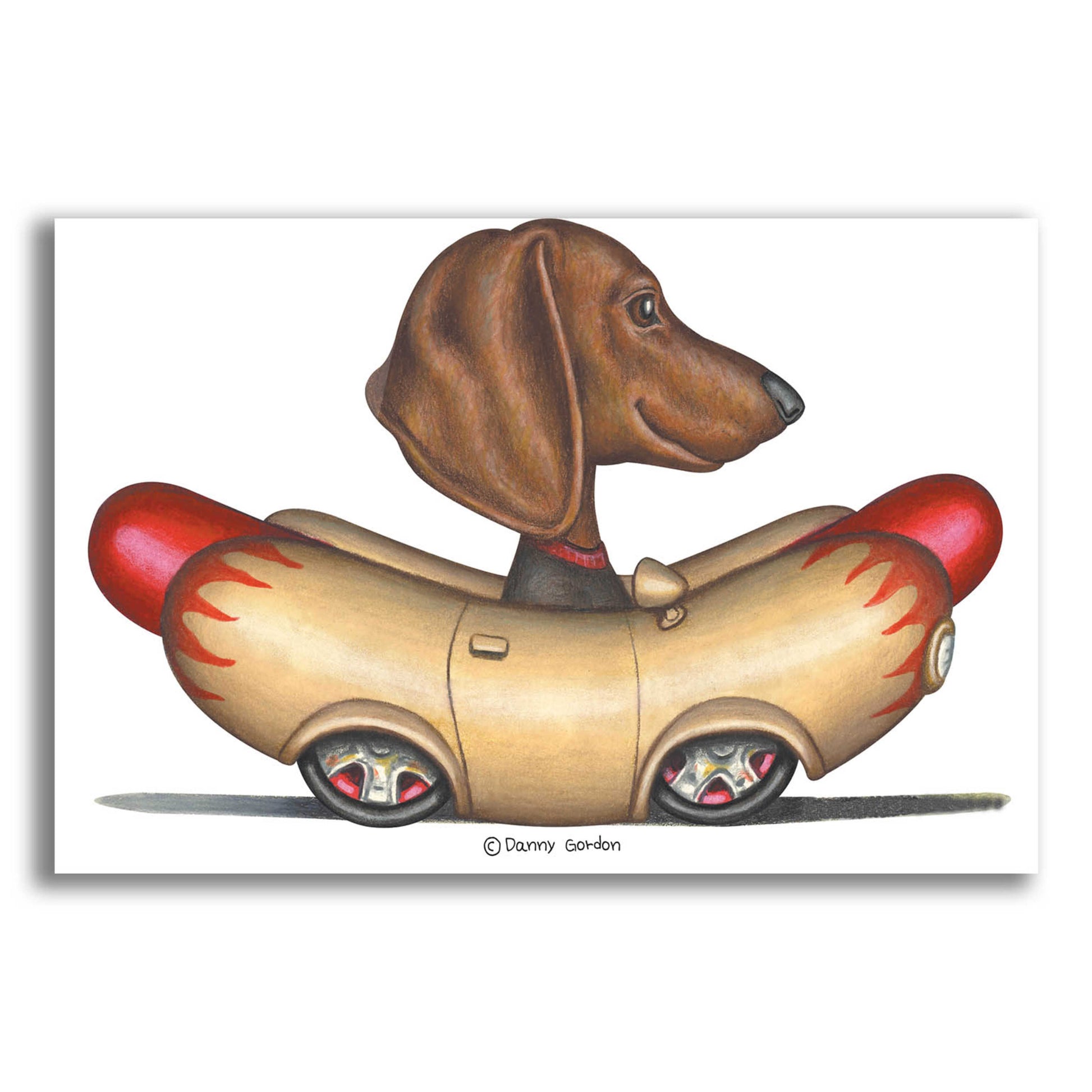 Epic Art 'Brown Dachshund Hotdog Car' by Danny Gordon Art, Acrylic Glass Wall Art,24x16