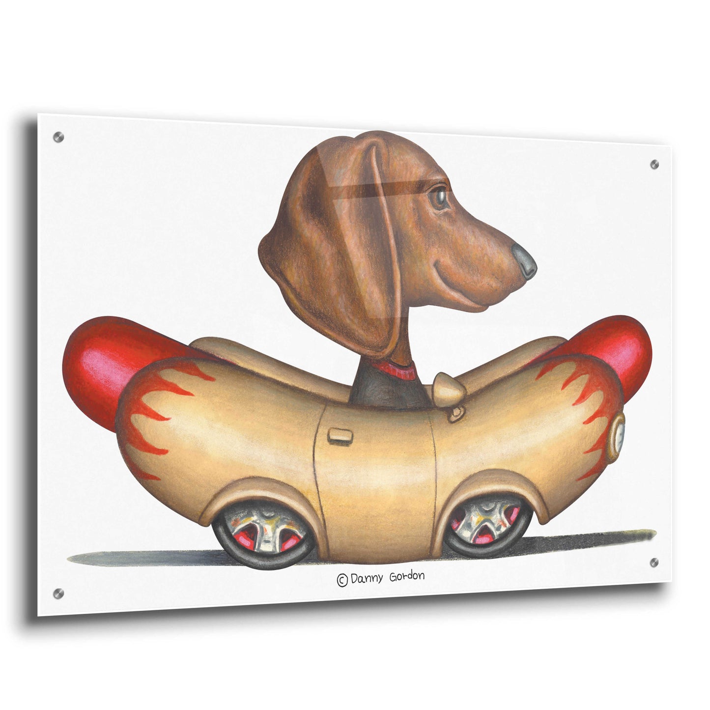 Epic Art 'Brown Dachshund Hotdog Car' by Danny Gordon Art, Acrylic Glass Wall Art,36x24