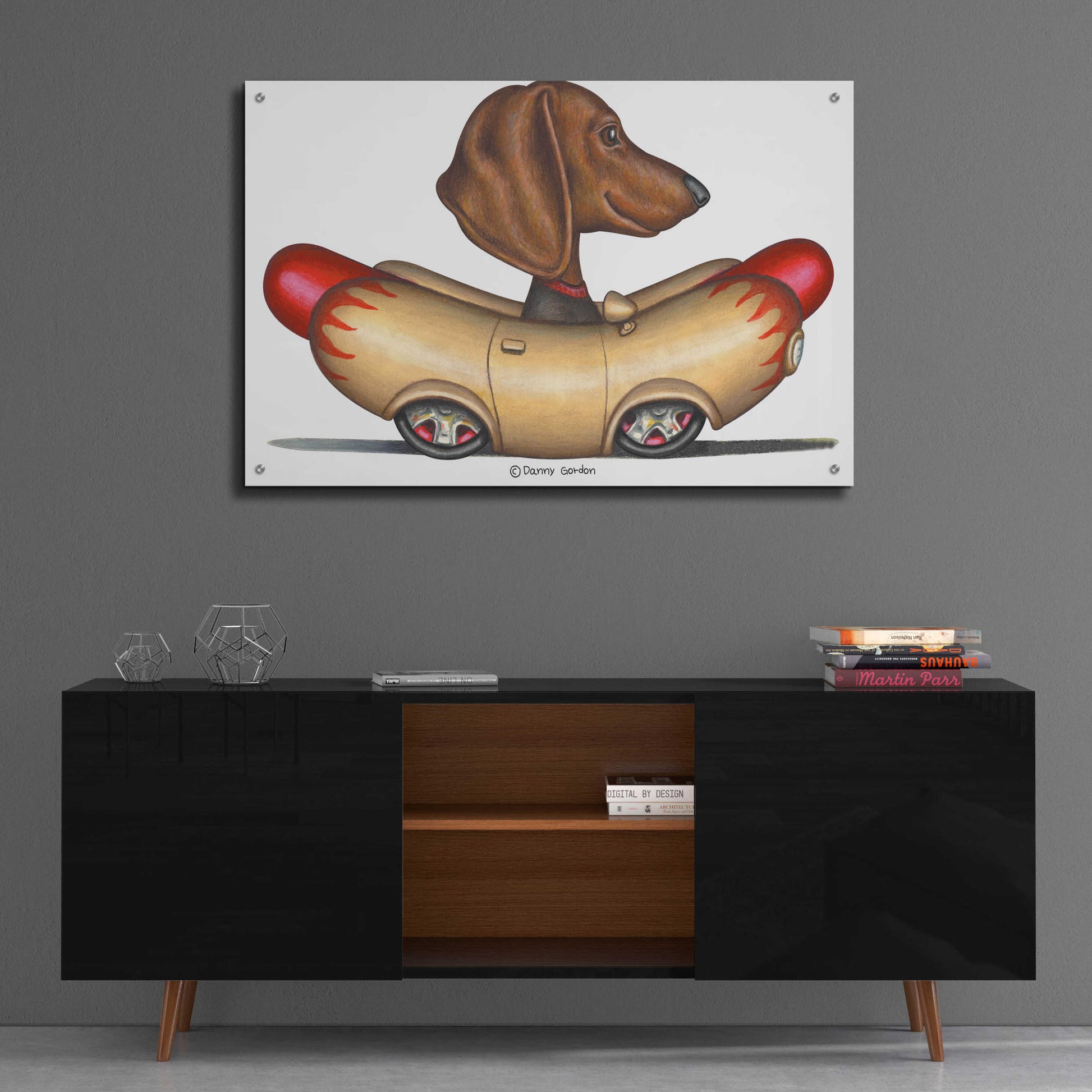 Epic Art 'Brown Dachshund Hotdog Car' by Danny Gordon Art, Acrylic Glass Wall Art,36x24