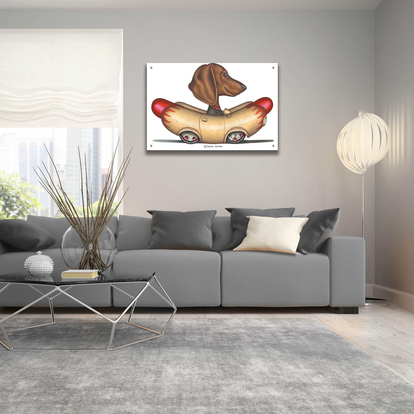 Epic Art 'Brown Dachshund Hotdog Car' by Danny Gordon Art, Acrylic Glass Wall Art,36x24