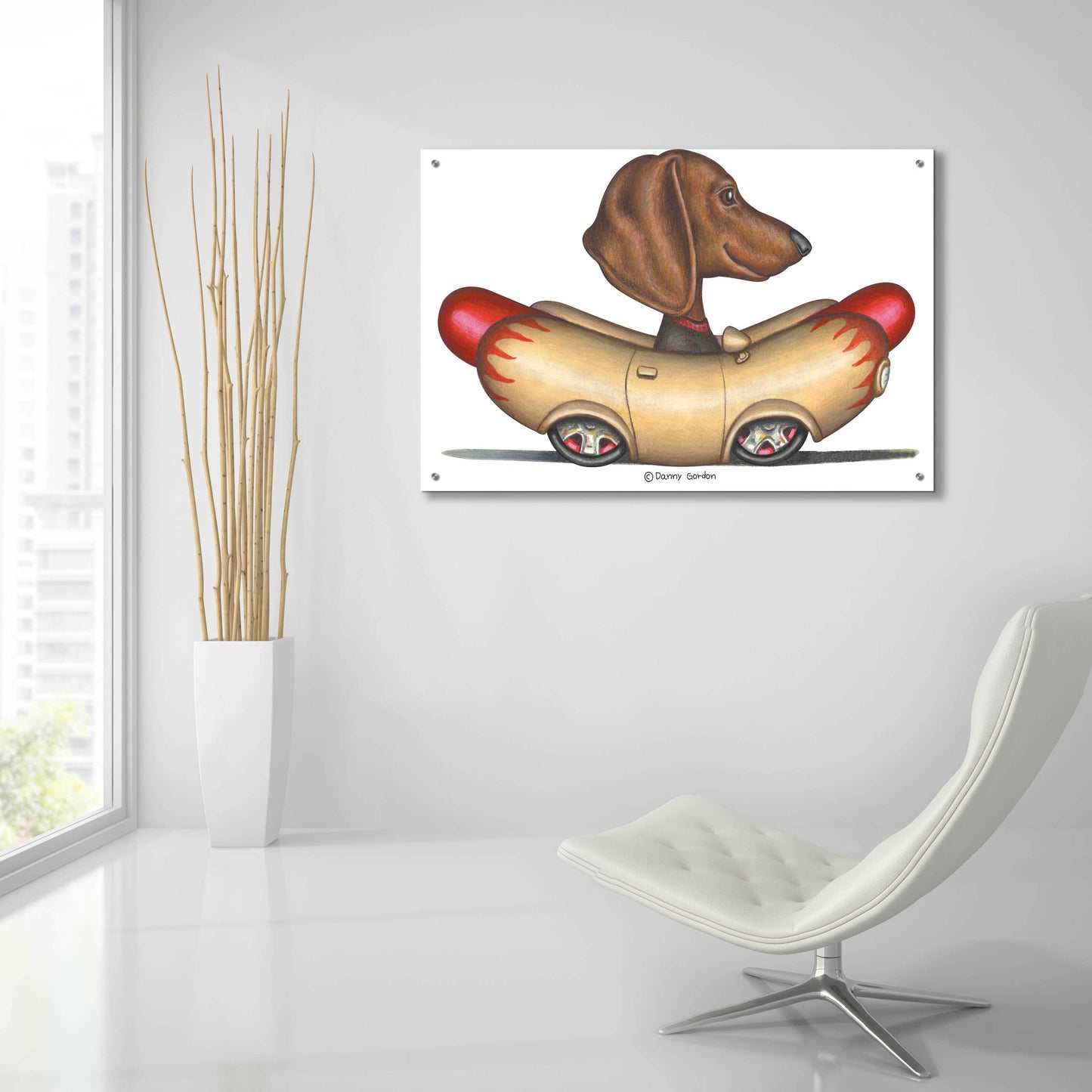 Epic Art 'Brown Dachshund Hotdog Car' by Danny Gordon Art, Acrylic Glass Wall Art,36x24