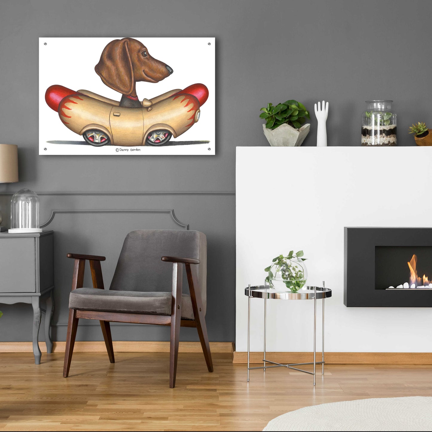 Epic Art 'Brown Dachshund Hotdog Car' by Danny Gordon Art, Acrylic Glass Wall Art,36x24