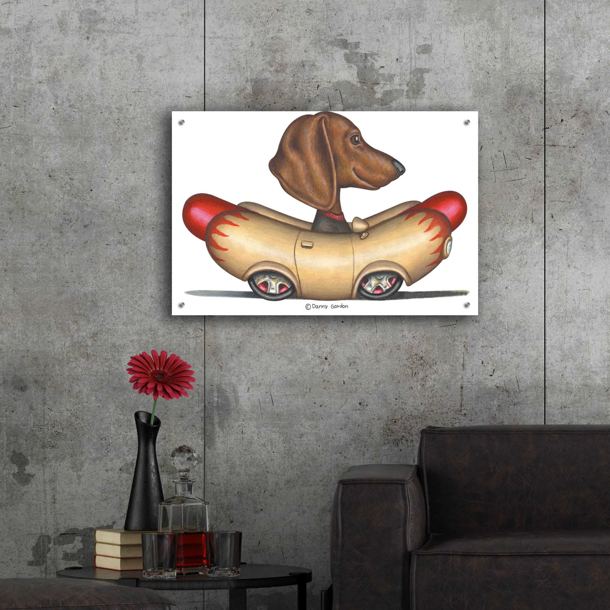 Epic Art 'Brown Dachshund Hotdog Car' by Danny Gordon Art, Acrylic Glass Wall Art,36x24