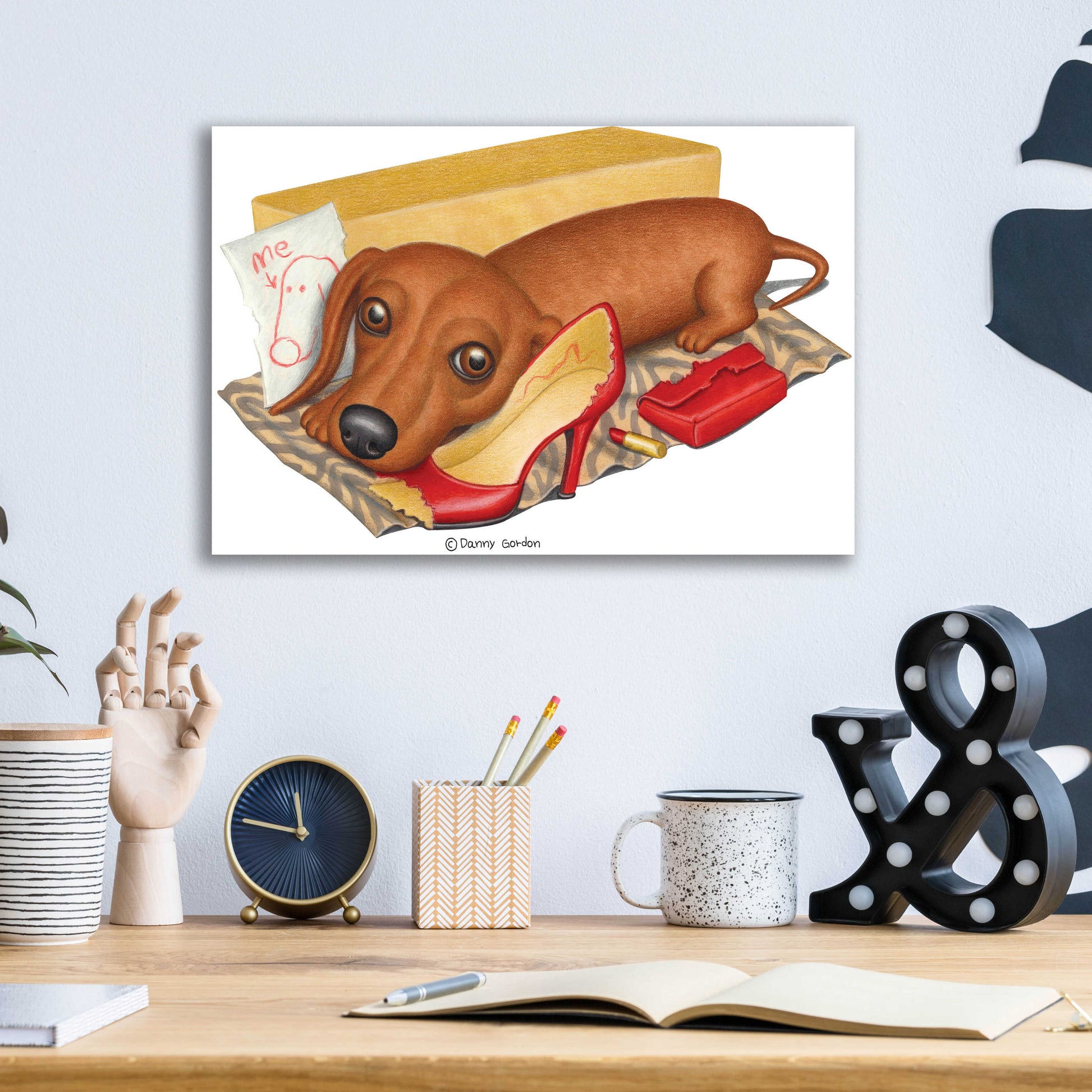 Epic Art 'Brown Dachshund Lipstick Self Portrait' by Danny Gordon Art, Acrylic Glass Wall Art,16x12