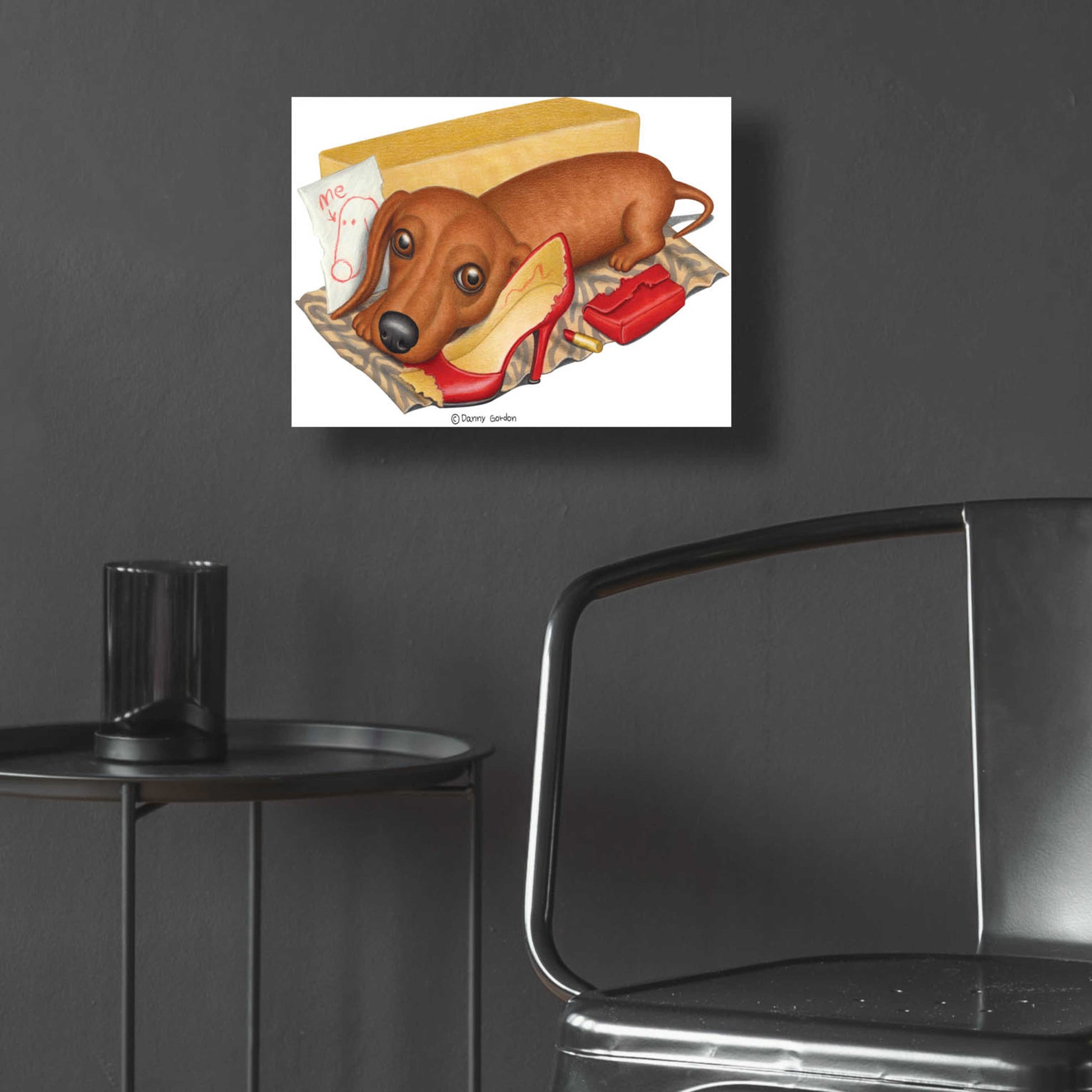 Epic Art 'Brown Dachshund Lipstick Self Portrait' by Danny Gordon Art, Acrylic Glass Wall Art,16x12