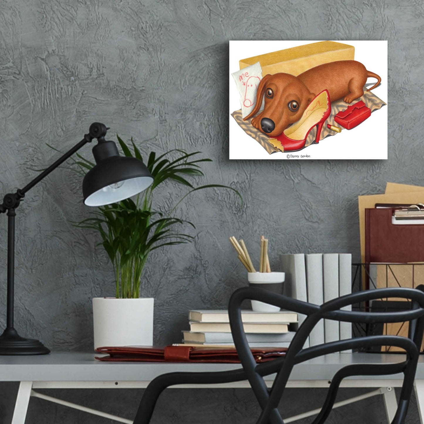 Epic Art 'Brown Dachshund Lipstick Self Portrait' by Danny Gordon Art, Acrylic Glass Wall Art,16x12