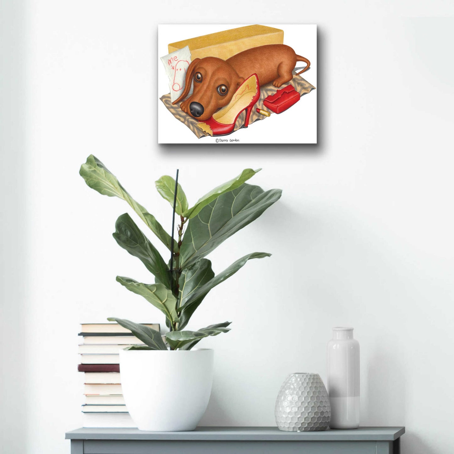 Epic Art 'Brown Dachshund Lipstick Self Portrait' by Danny Gordon Art, Acrylic Glass Wall Art,16x12