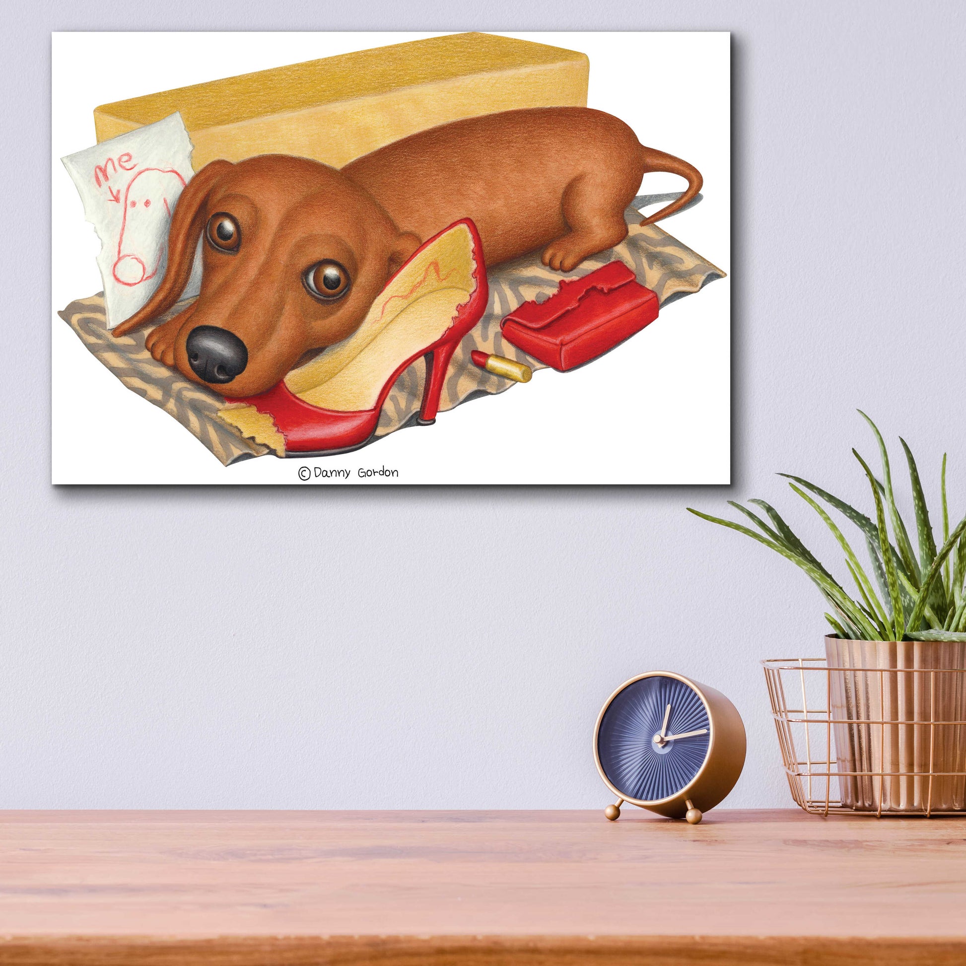 Epic Art 'Brown Dachshund Lipstick Self Portrait' by Danny Gordon Art, Acrylic Glass Wall Art,16x12