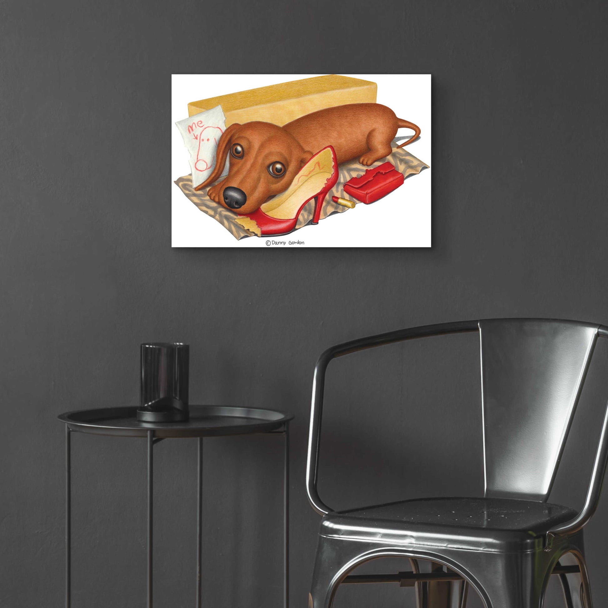 Epic Art 'Brown Dachshund Lipstick Self Portrait' by Danny Gordon Art, Acrylic Glass Wall Art,24x16