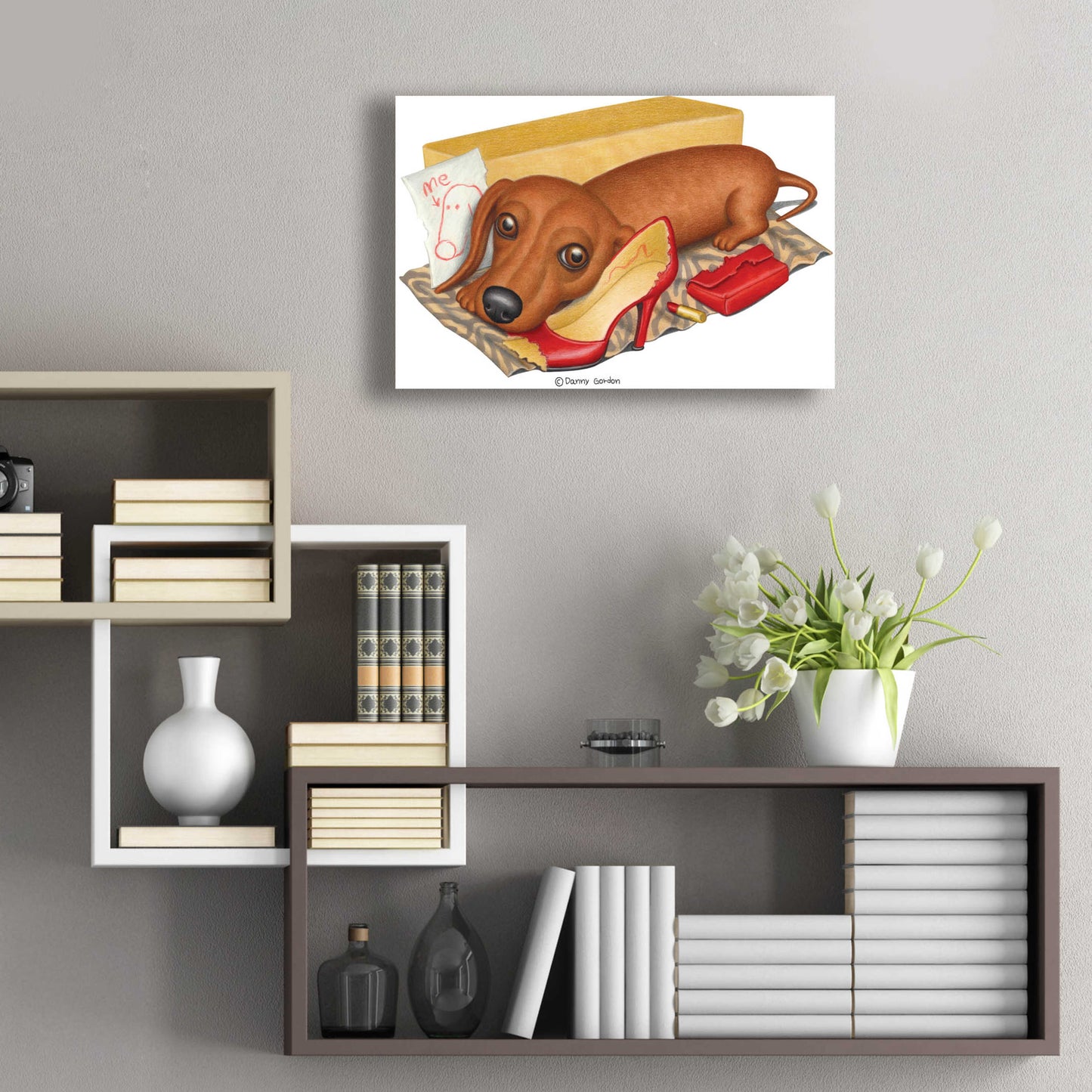 Epic Art 'Brown Dachshund Lipstick Self Portrait' by Danny Gordon Art, Acrylic Glass Wall Art,24x16