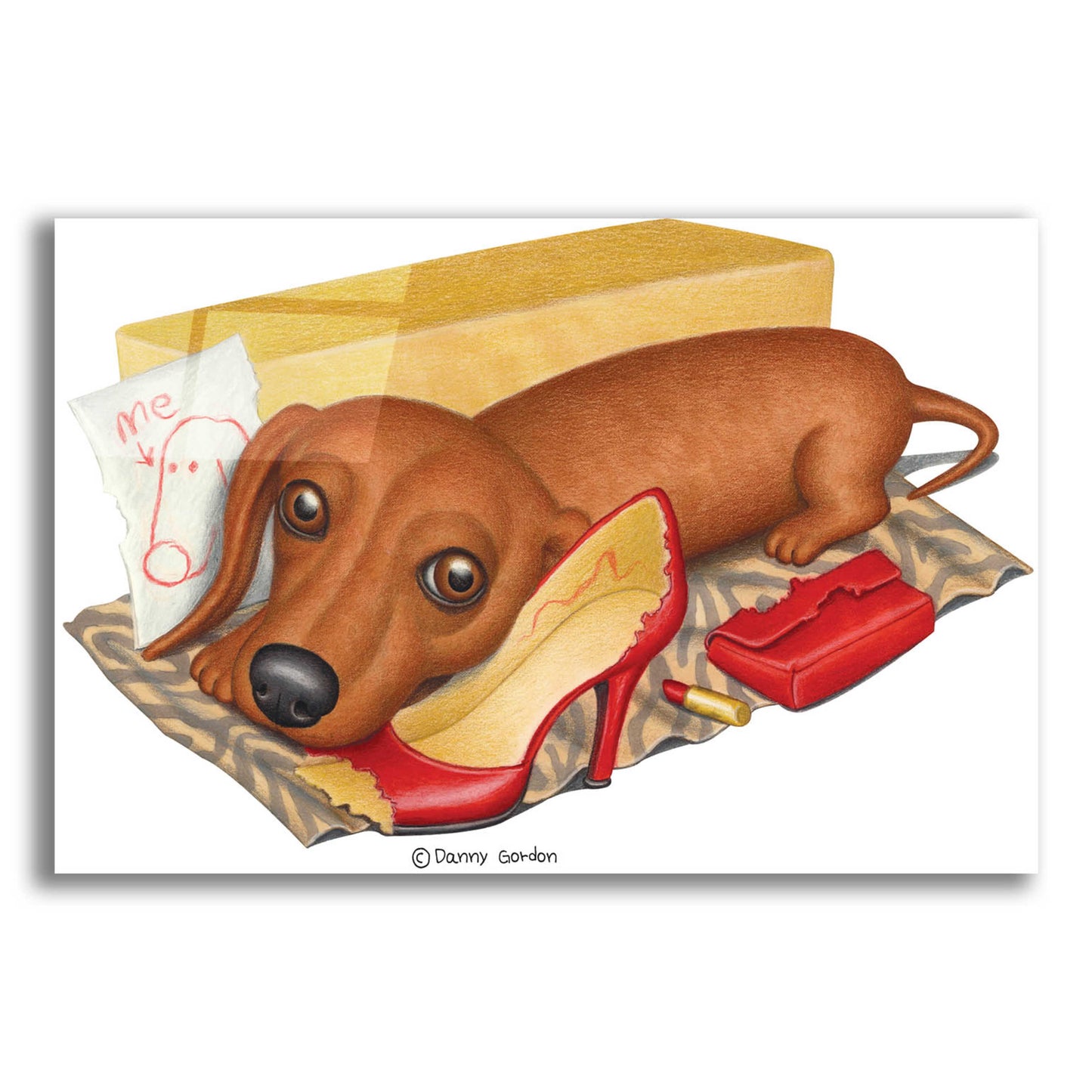 Epic Art 'Brown Dachshund Lipstick Self Portrait' by Danny Gordon Art, Acrylic Glass Wall Art,24x16