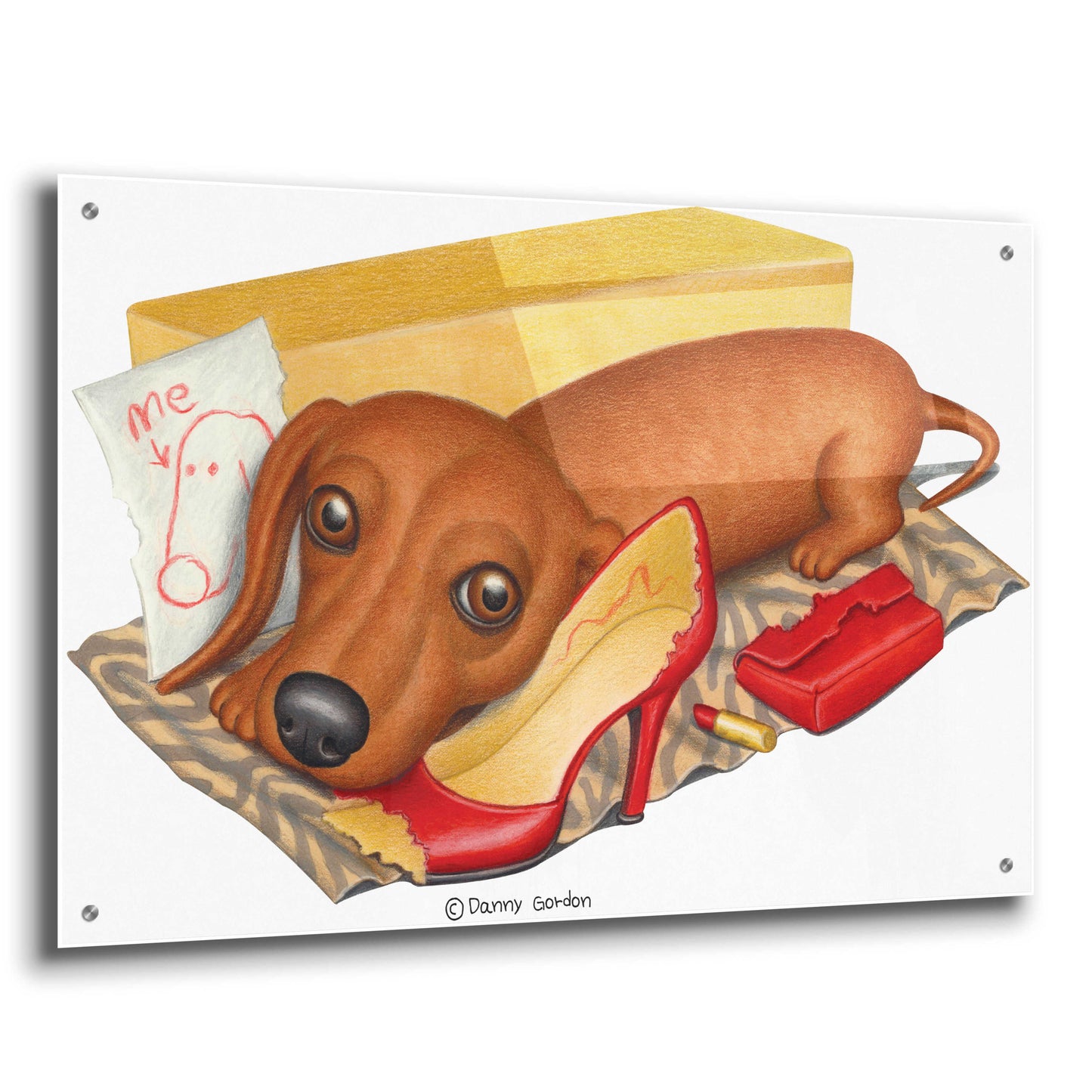 Epic Art 'Brown Dachshund Lipstick Self Portrait' by Danny Gordon Art, Acrylic Glass Wall Art,36x24