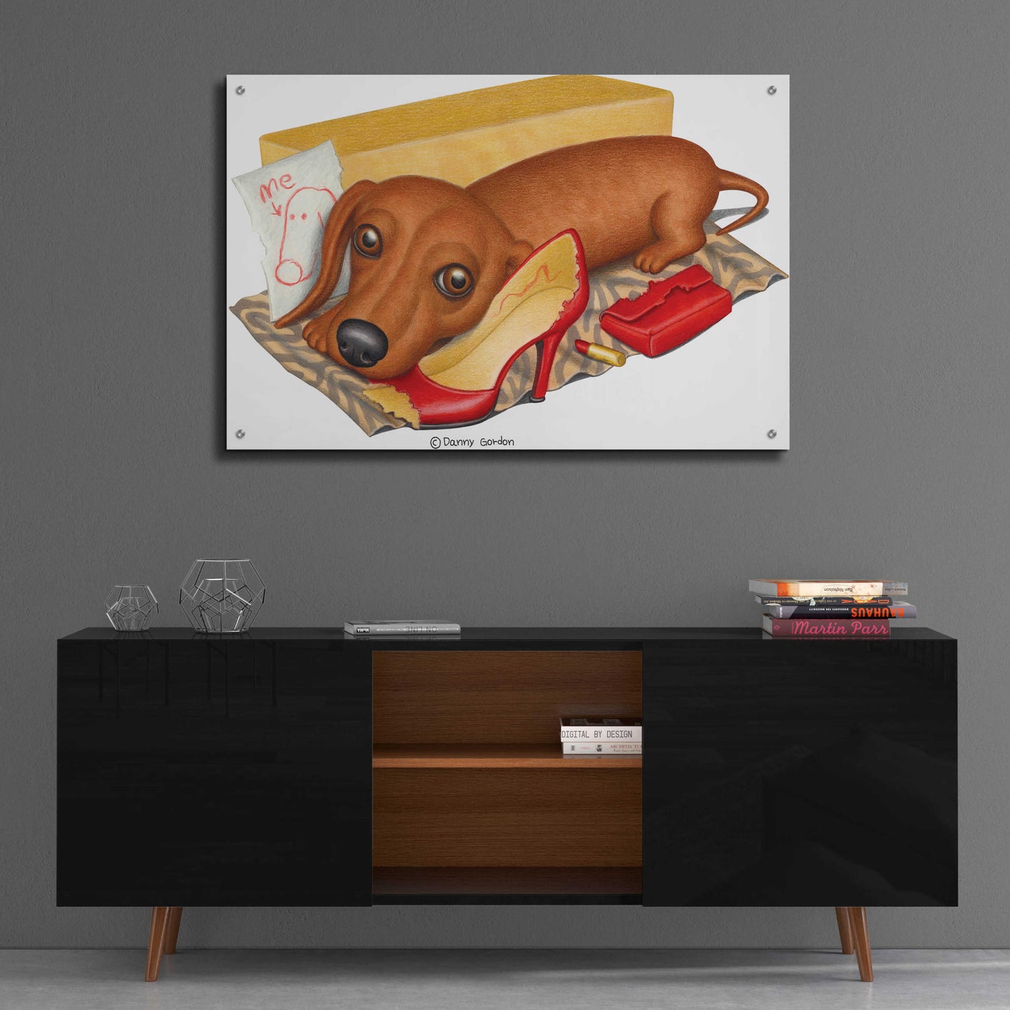 Epic Art 'Brown Dachshund Lipstick Self Portrait' by Danny Gordon Art, Acrylic Glass Wall Art,36x24