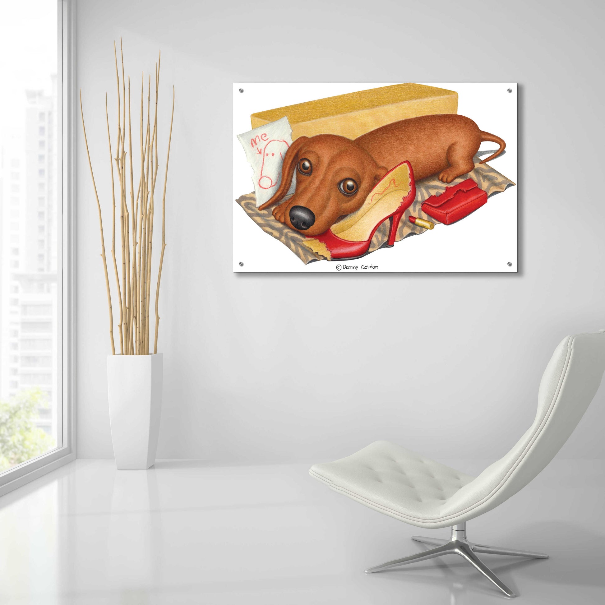 Epic Art 'Brown Dachshund Lipstick Self Portrait' by Danny Gordon Art, Acrylic Glass Wall Art,36x24