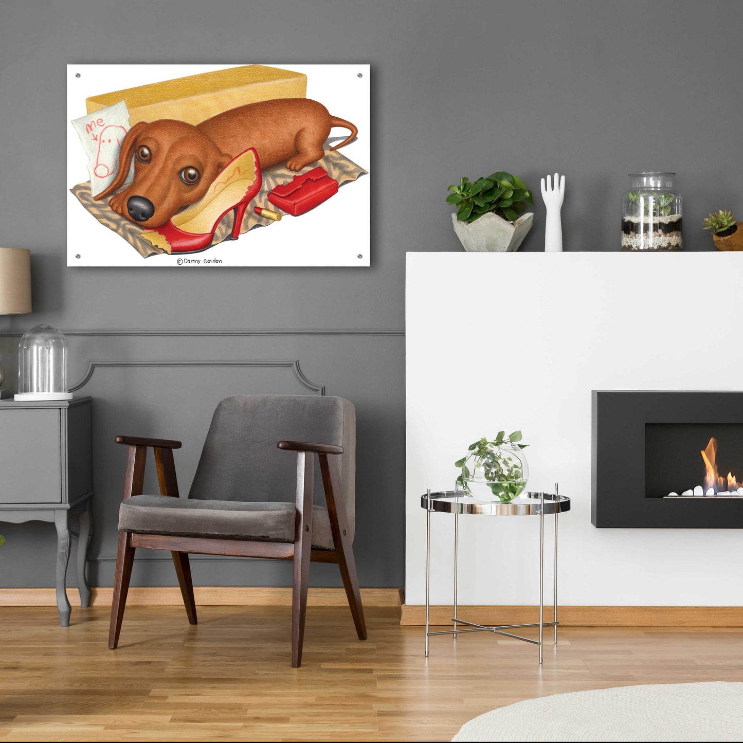 Epic Art 'Brown Dachshund Lipstick Self Portrait' by Danny Gordon Art, Acrylic Glass Wall Art,36x24