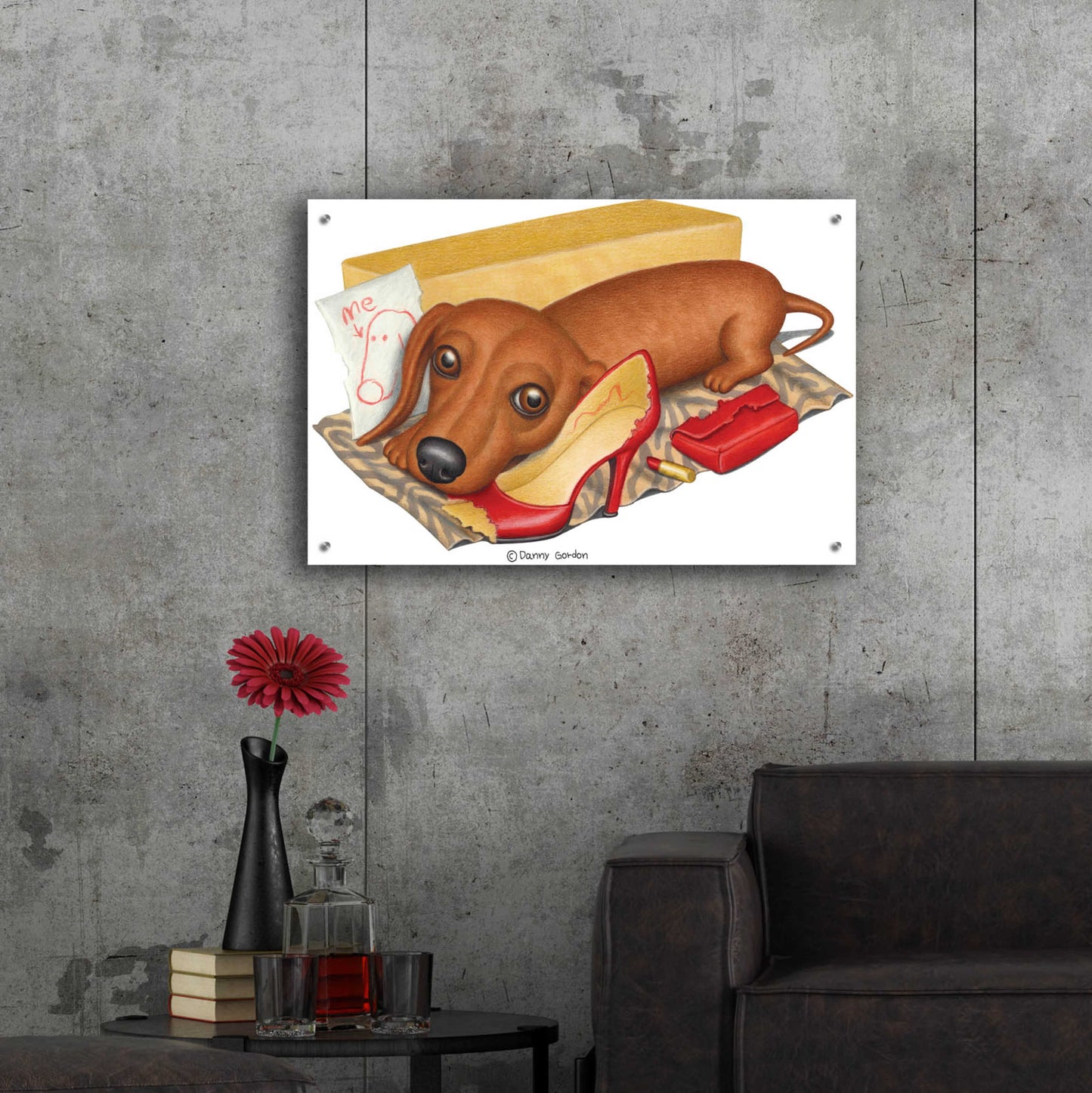 Epic Art 'Brown Dachshund Lipstick Self Portrait' by Danny Gordon Art, Acrylic Glass Wall Art,36x24