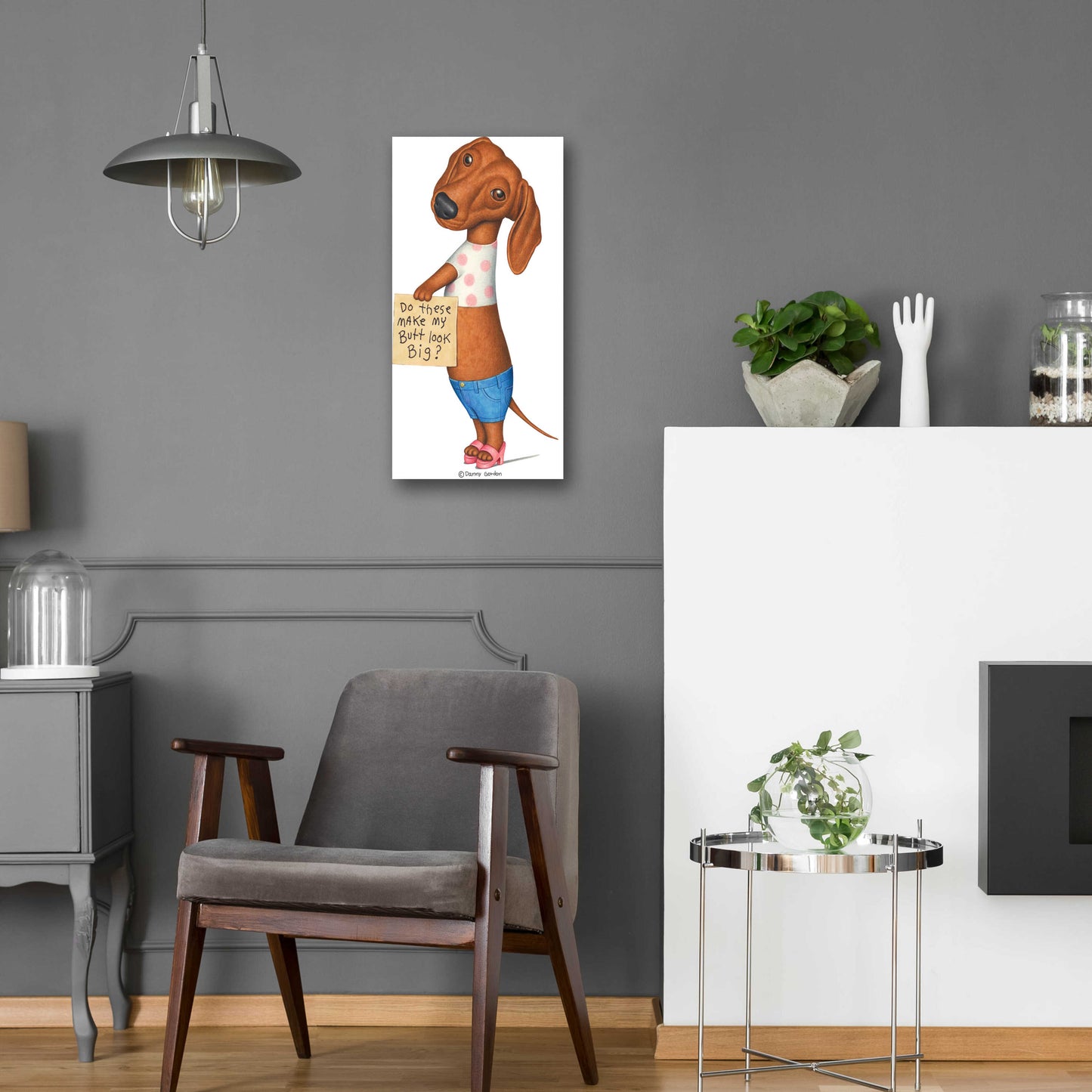 Epic Art 'Brown Dachshund Top Shorts Sandals' by Danny Gordon Art, Acrylic Glass Wall Art,12x24