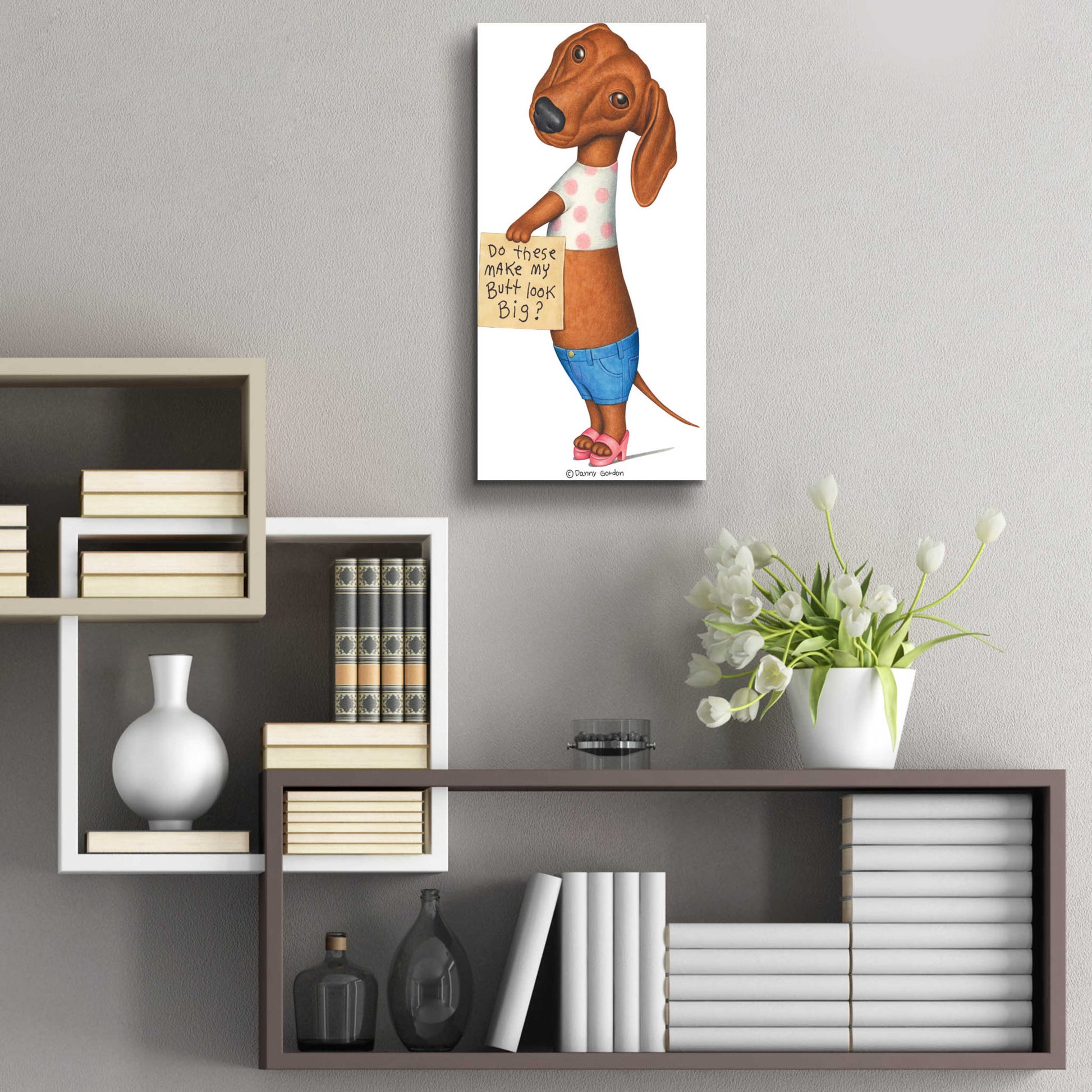 Epic Art 'Brown Dachshund Top Shorts Sandals' by Danny Gordon Art, Acrylic Glass Wall Art,12x24