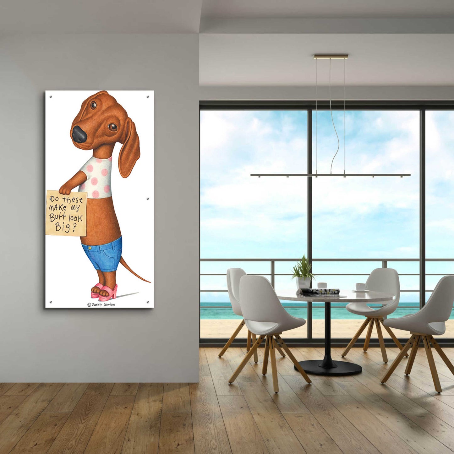 Epic Art 'Brown Dachshund Top Shorts Sandals' by Danny Gordon Art, Acrylic Glass Wall Art,24x48