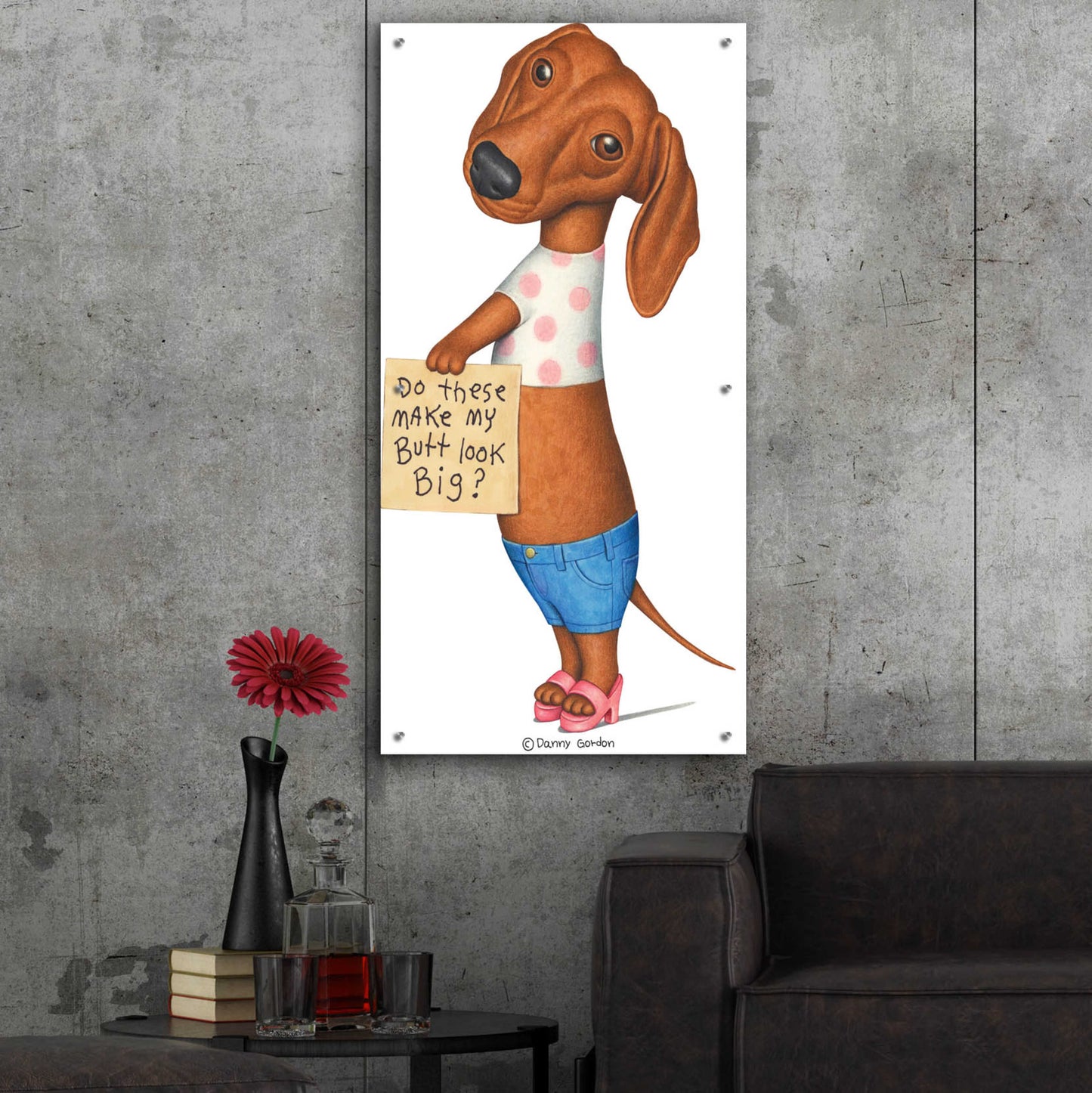 Epic Art 'Brown Dachshund Top Shorts Sandals' by Danny Gordon Art, Acrylic Glass Wall Art,24x48