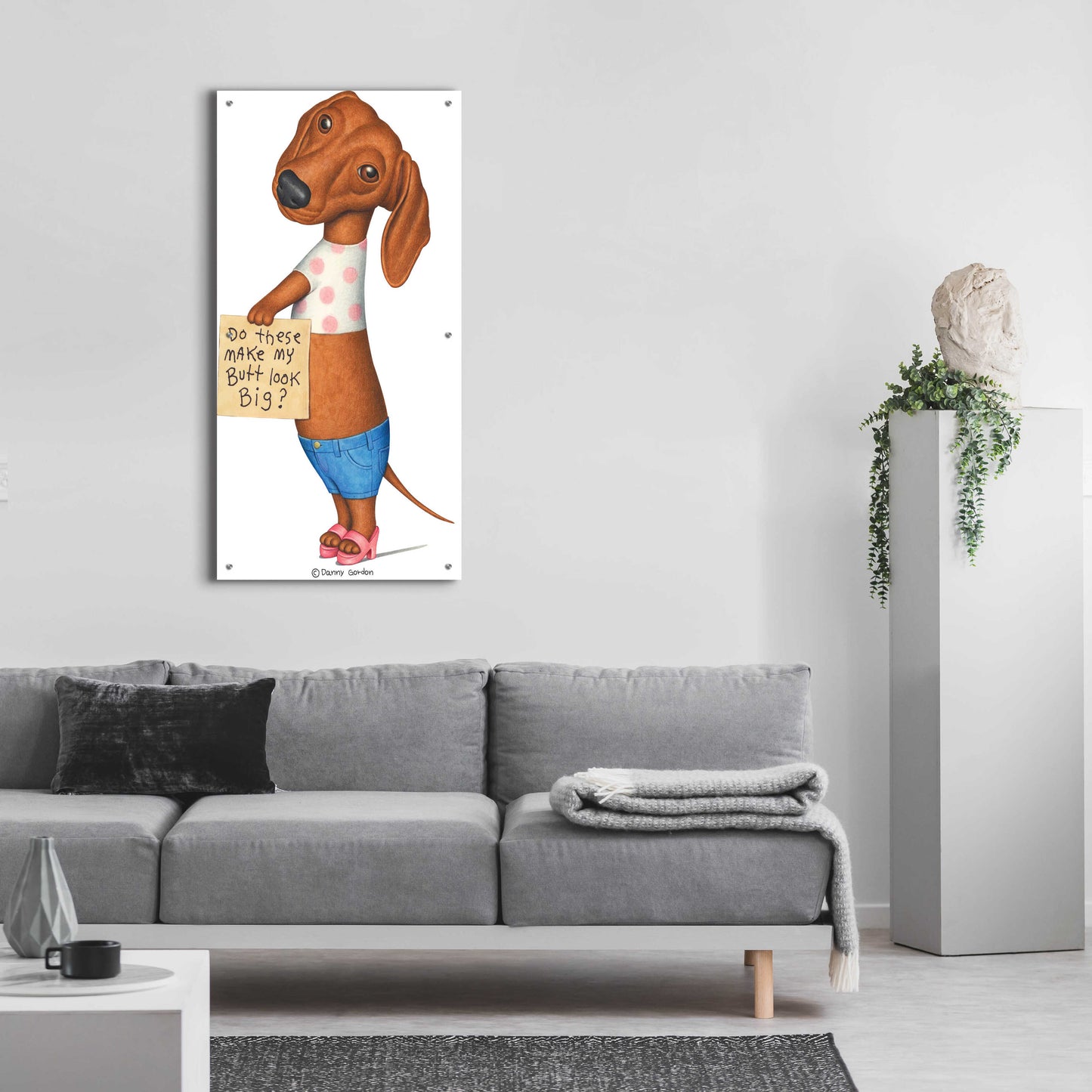 Epic Art 'Brown Dachshund Top Shorts Sandals' by Danny Gordon Art, Acrylic Glass Wall Art,24x48