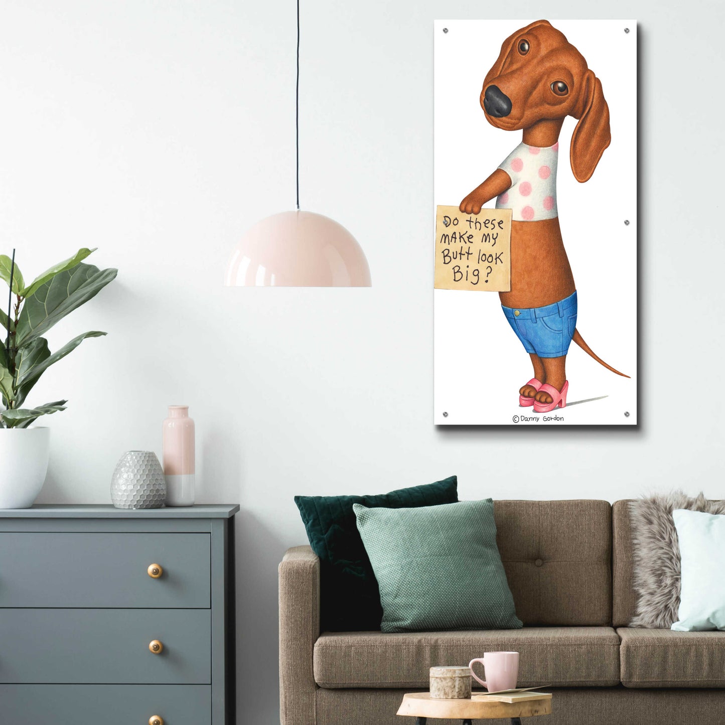 Epic Art 'Brown Dachshund Top Shorts Sandals' by Danny Gordon Art, Acrylic Glass Wall Art,24x48