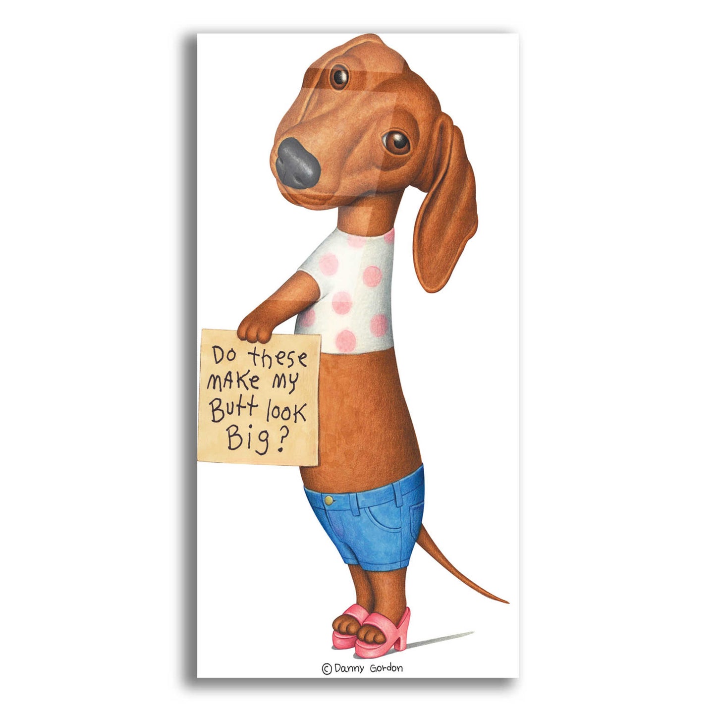 Epic Art 'Brown Dachshund Top Shorts Sandals' by Danny Gordon Art, Acrylic Glass Wall Art