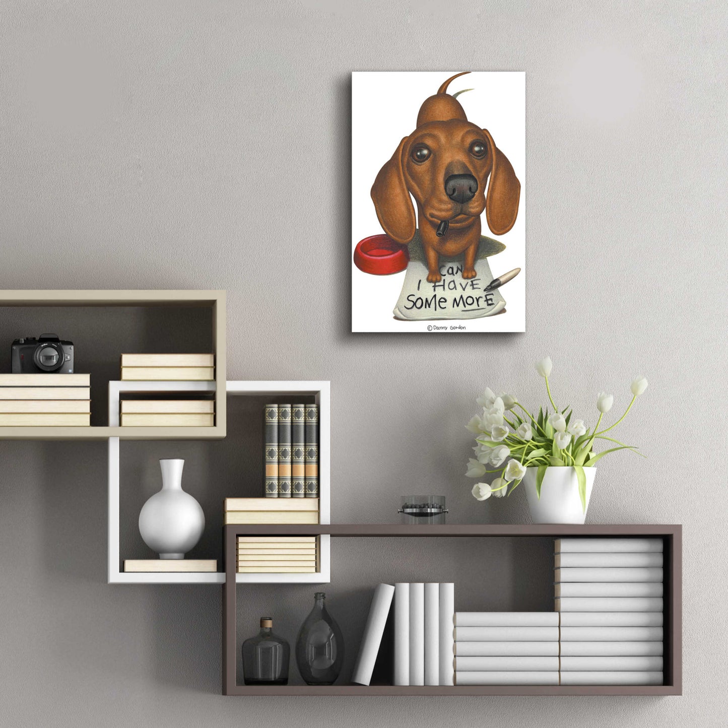 Epic Art 'Brown Dachshund with Sharpie and Sign' by Danny Gordon Art, Acrylic Glass Wall Art,16x24