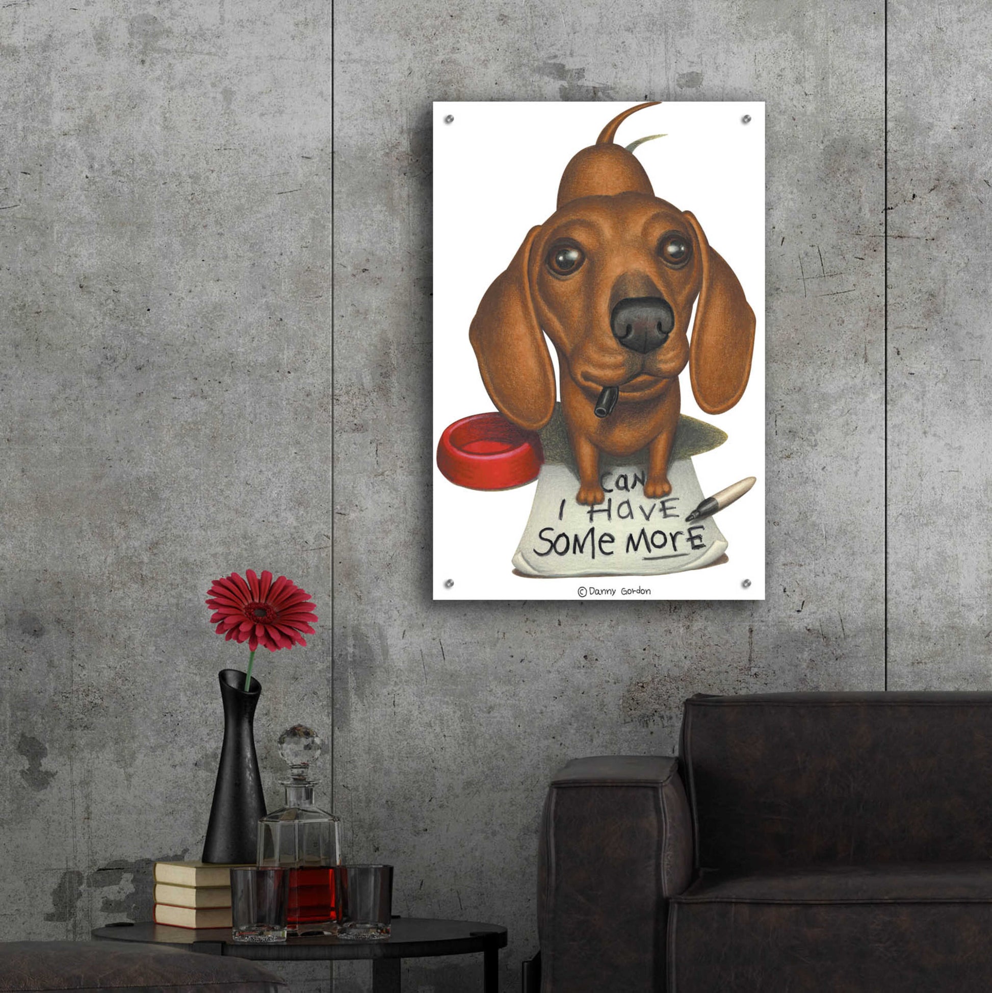 Epic Art 'Brown Dachshund with Sharpie and Sign' by Danny Gordon Art, Acrylic Glass Wall Art,24x36