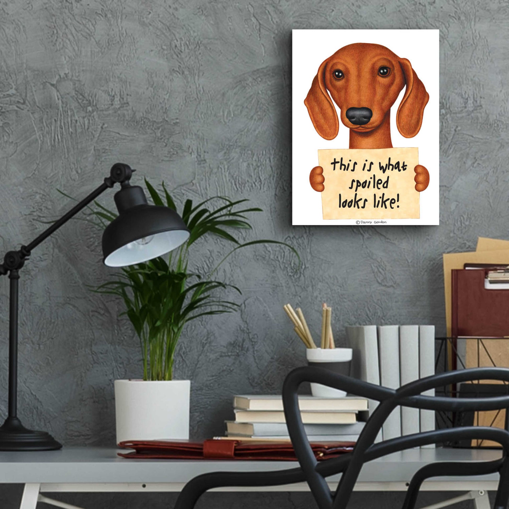 Epic Art 'Brown Dachshund with Spoiled Sign' by Danny Gordon Art, Acrylic Glass Wall Art,12x16