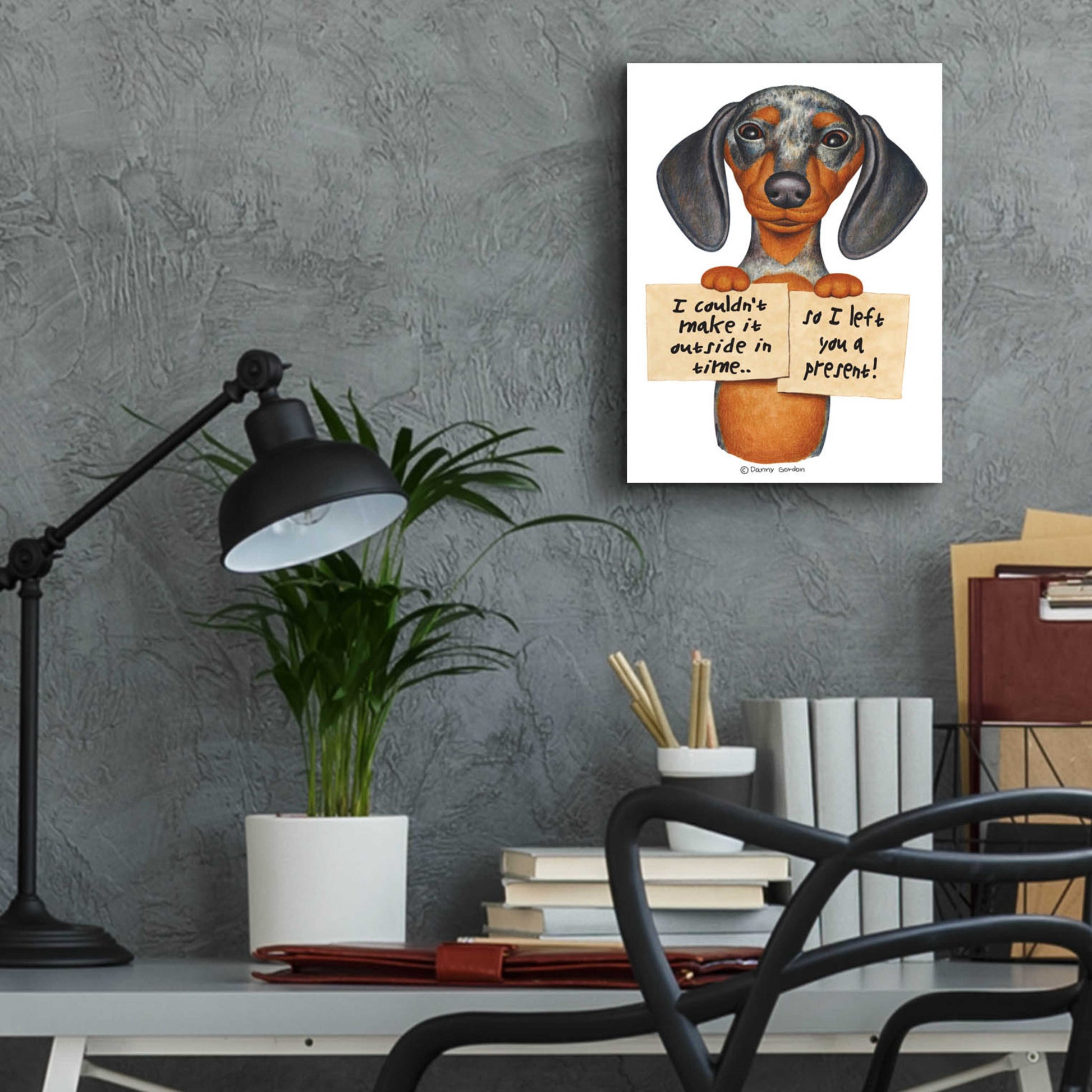 Epic Art 'Dappled Dachshund Two Signs' by Danny Gordon Art, Acrylic Glass Wall Art,12x16